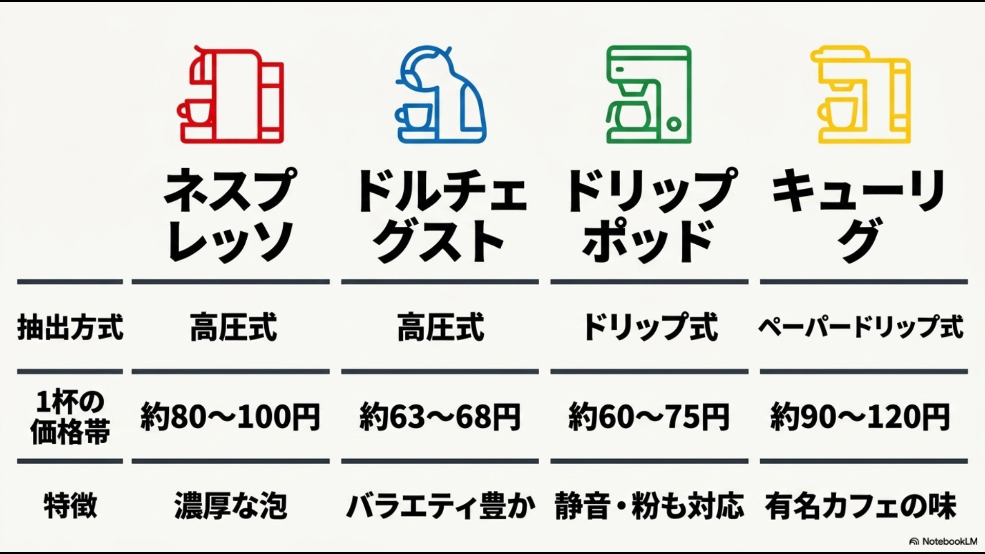 主要4大カプセル式コーヒーメーカーの機能・コスト比較表