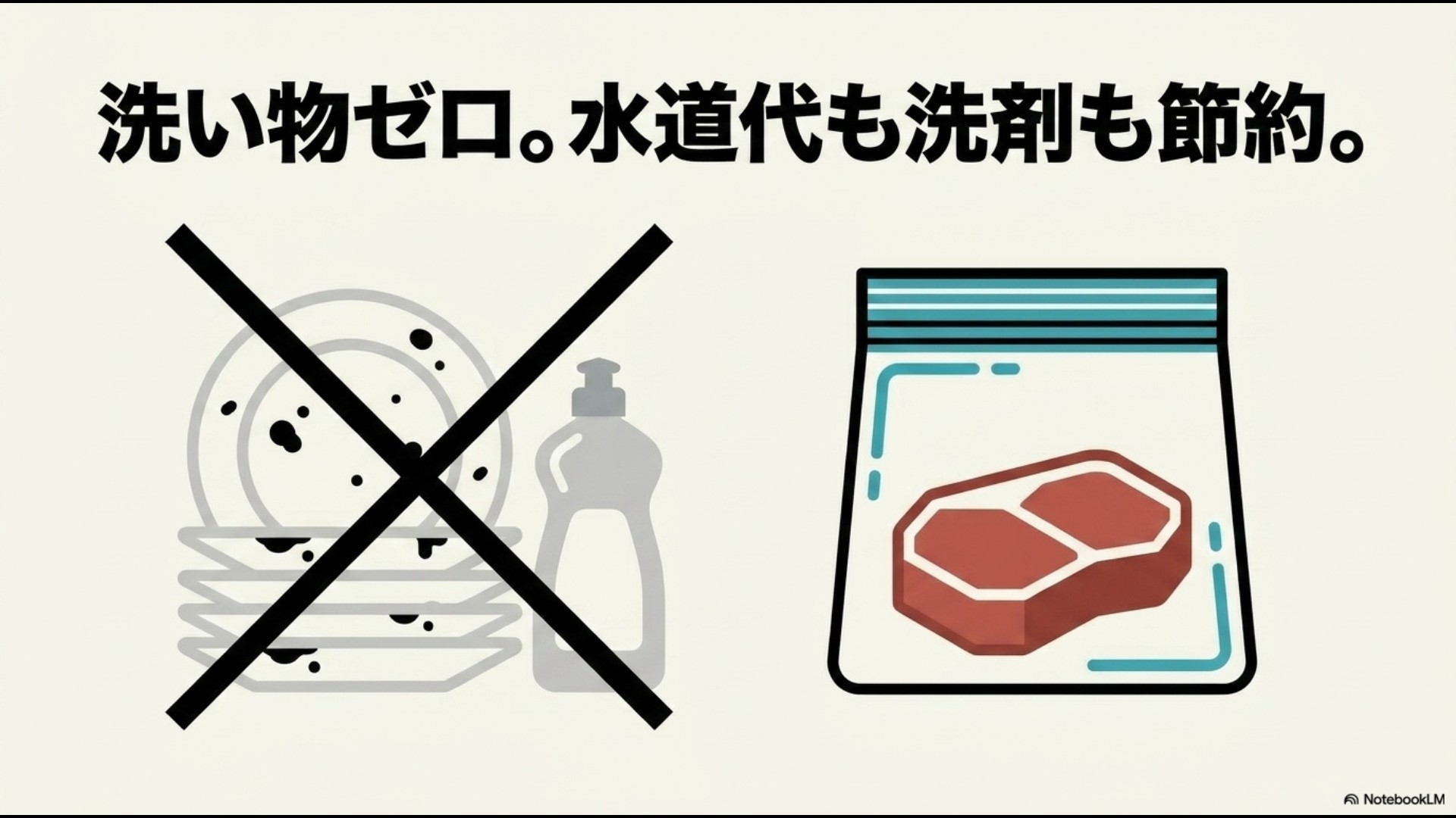 汚れたお皿と洗剤にバツ印がつき、ジッパー付き保存袋に入ったお肉が描かれた「洗い物ゼロ。水道代も洗剤も節約。」のスライド画像