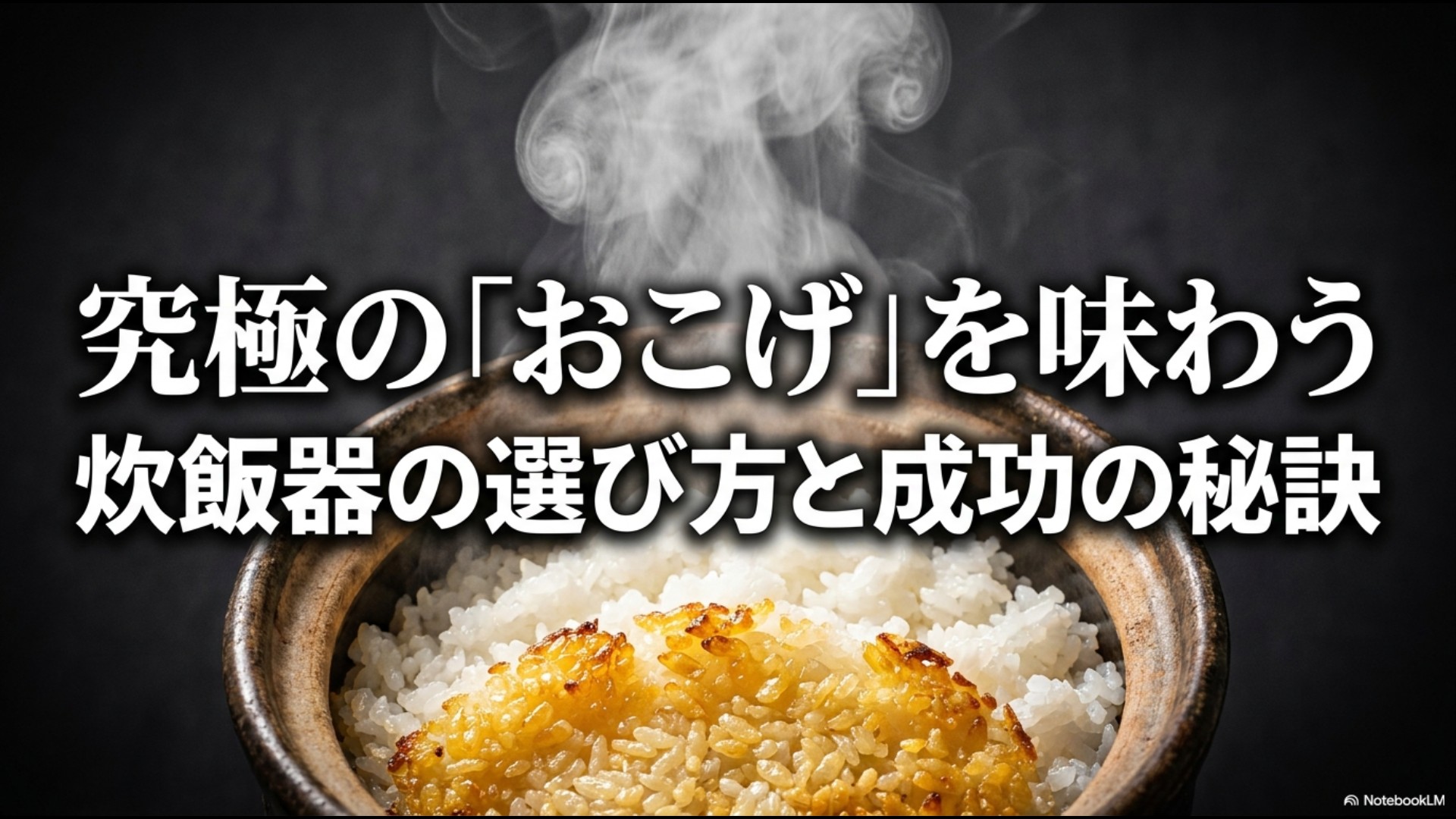 おこげができる炊飯器の選び方と成功の秘訣を解説するスライドの表紙。かまどのイラストが描かれています。