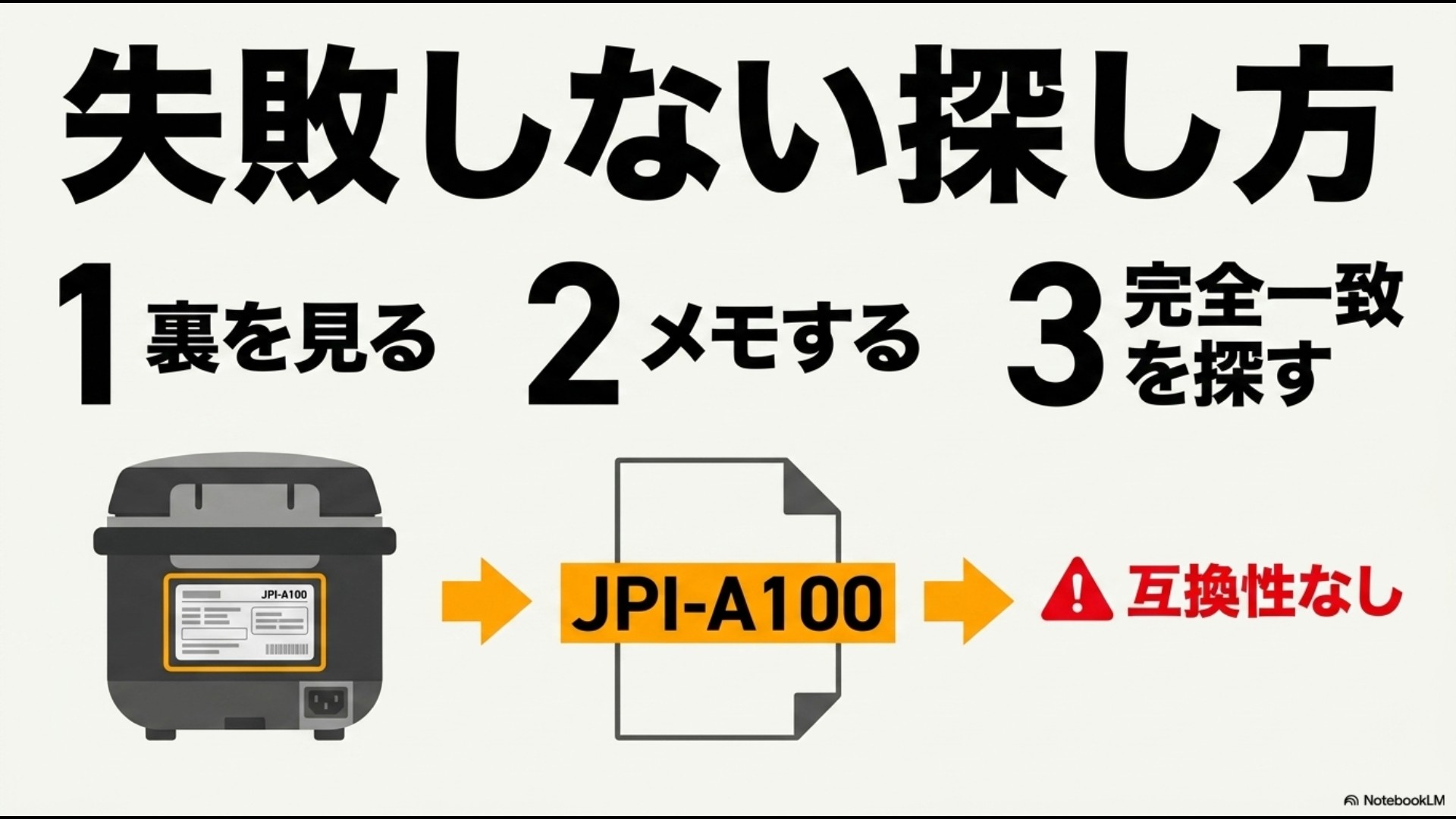 炊飯器の背面に貼られたシール「JPI-A100」のイラストと、「失敗しない探し方 1裏を見る 2メモする 3完全一致を探す 互換性なし」というテキスト