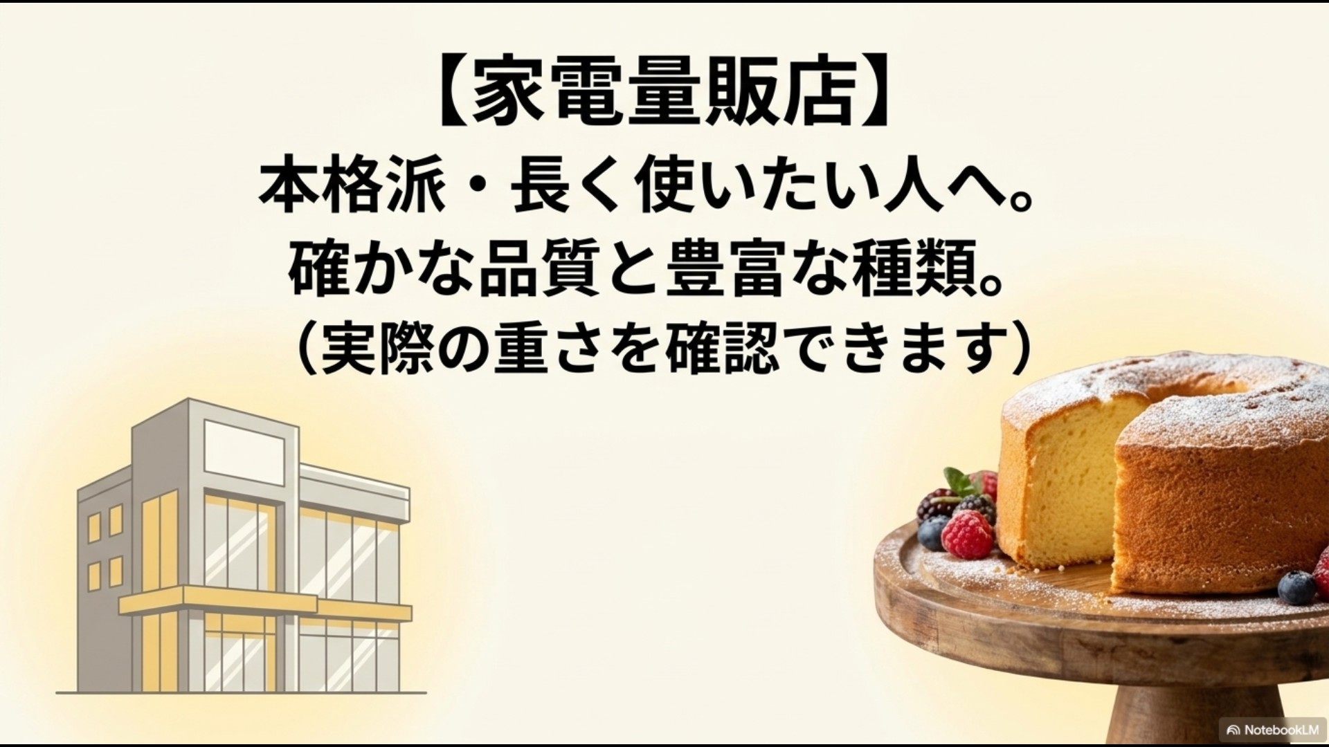本格派で長く使いたい人向けに、確かな品質と豊富な種類が揃う家電量販店のメリットをまとめたスライド