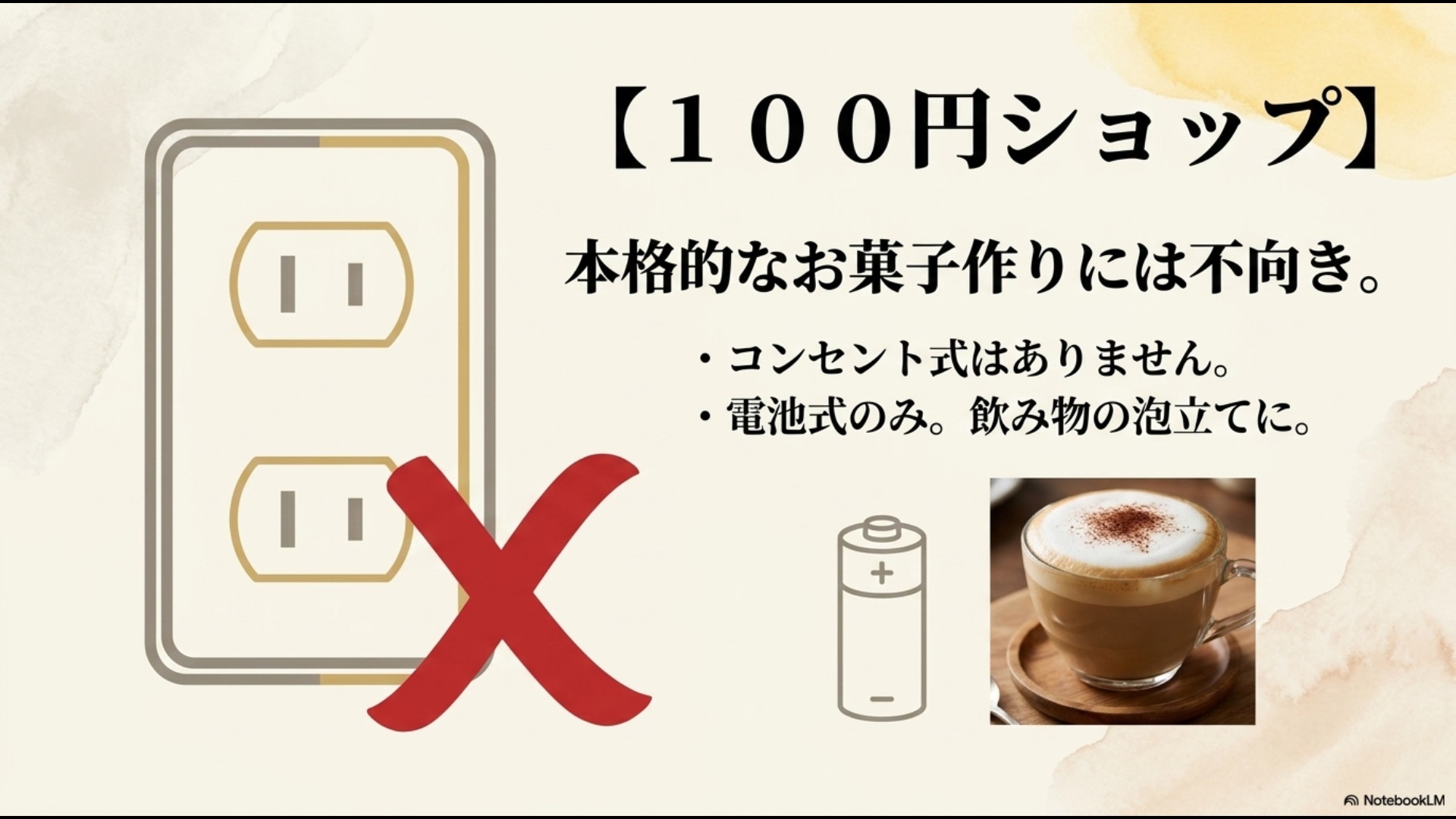 100均にはコンセント式がなく電池式のみであるため、本格的なお菓子作りには不向きであることを説明するスライド