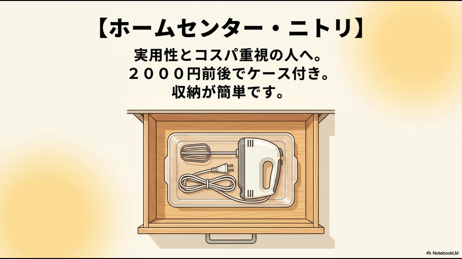 実用性とコスパ重視の人向けに、2000円前後でケースが付いて収納が簡単なモデルを説明するスライド