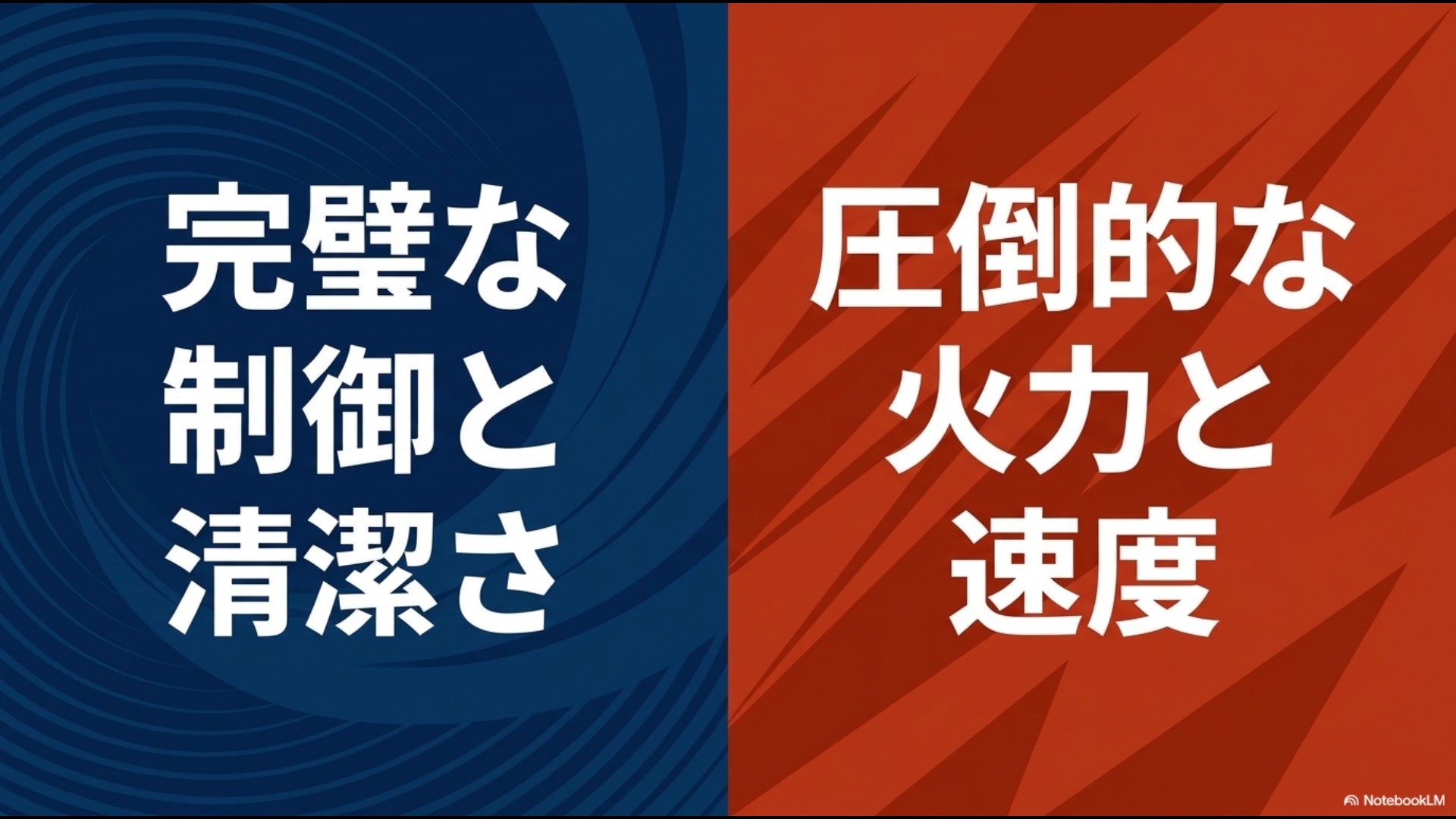 象印の強みである「完璧な制御と清潔さ」と、タイガーの強みである「圧倒的な火力と速度」を左右で対比させたスライド。
