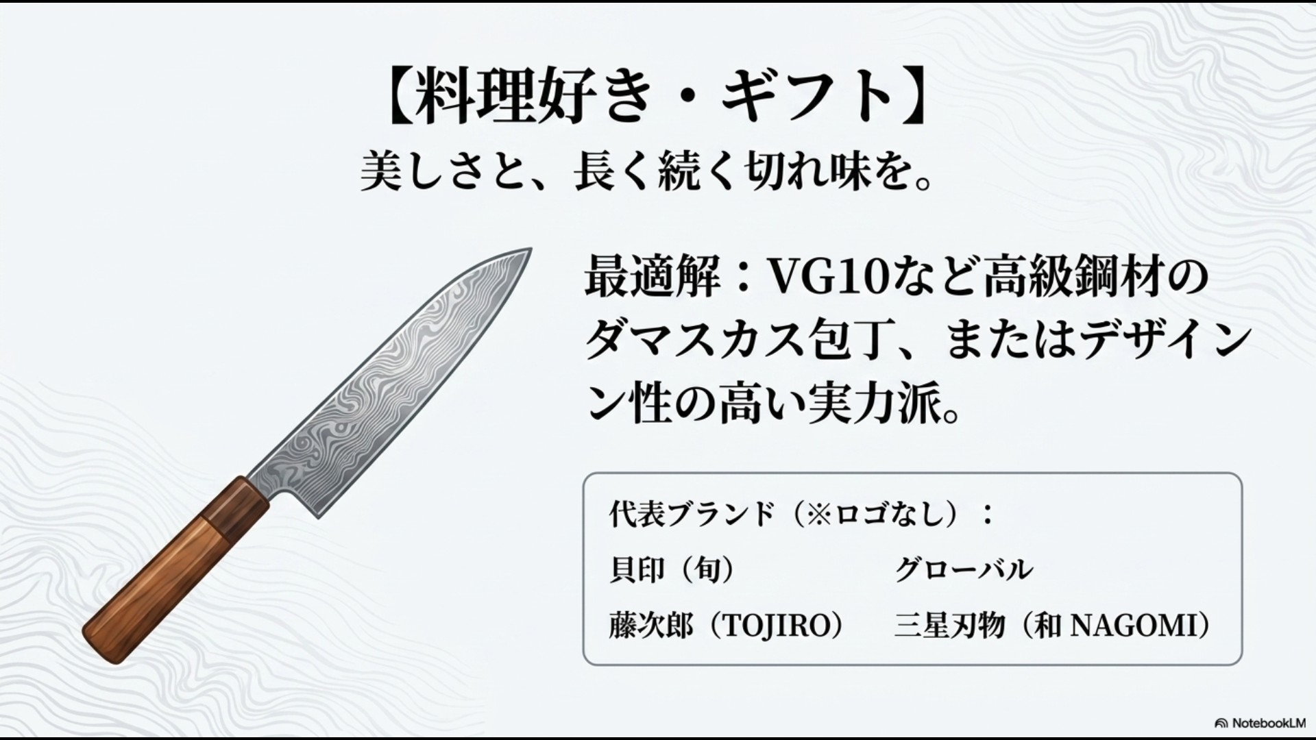 美しい木目模様のダマスカス包丁の画像と代表的ブランドを掲載した料理好き・ギフト向けスライド