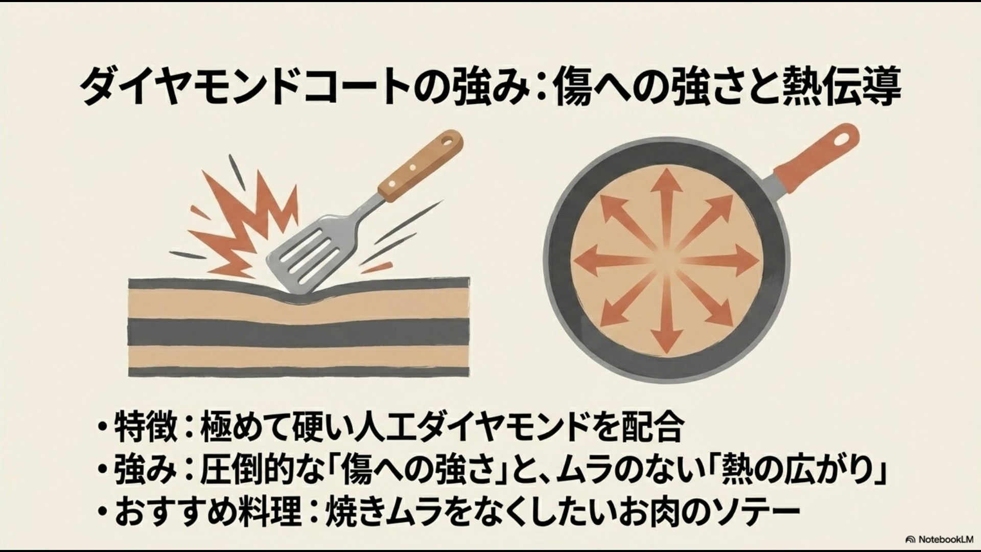 • フライパンの表面を金属ヘラで擦っているイラスト。「ダイヤモンドコートの強み:傷への強さと熱伝導」「圧倒的な傷への強さとムラのない熱の広がり」「おすすめ料理:お肉のソテー」という解説。