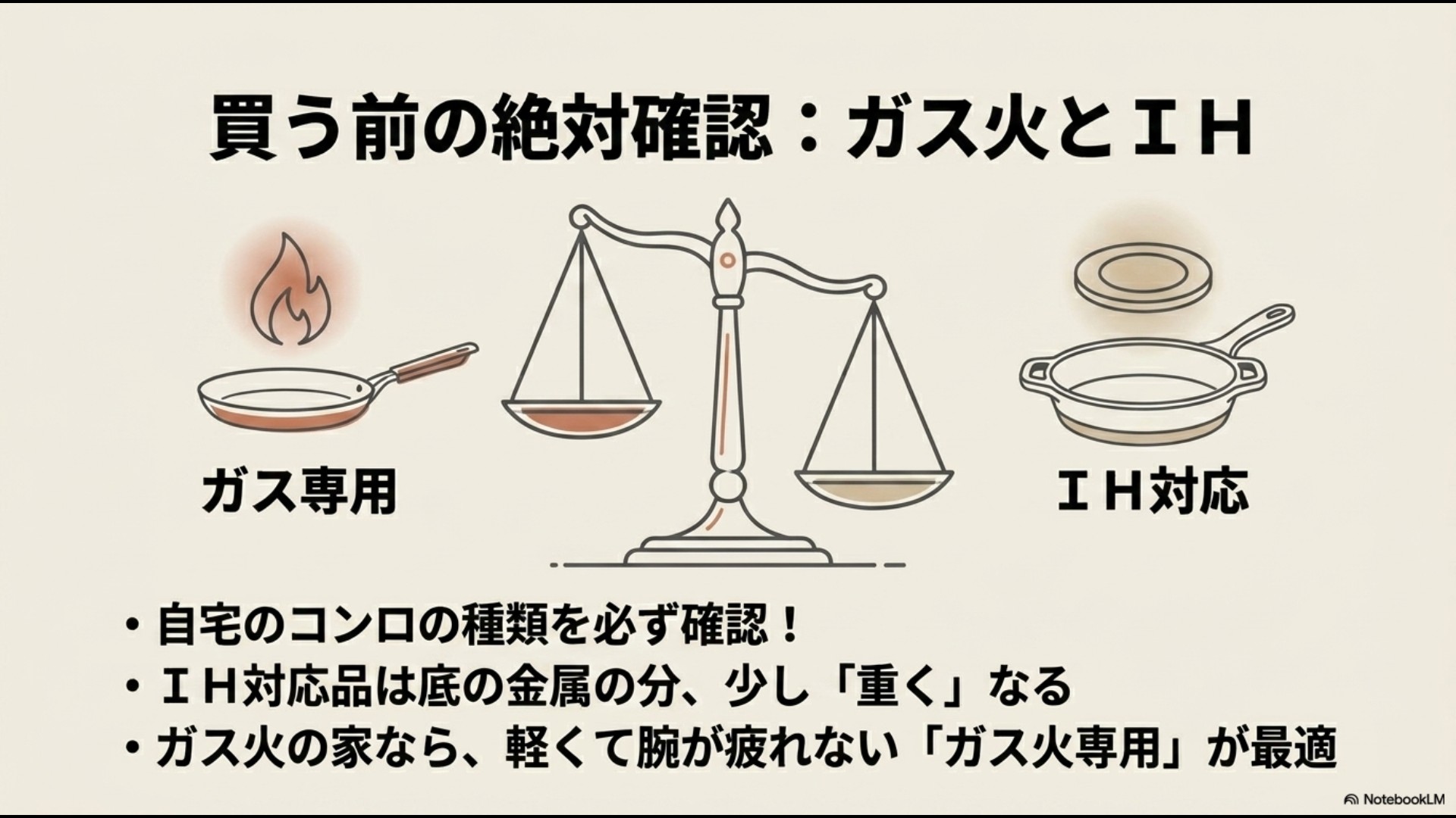 天秤の左右にガス専用フライパンとIH対応フライパンが描かれたイラスト。「買う前の絶対確認:ガス火とIH」「IH対応品は少し重くなる」「家がガス火ならガス火専用が最適」という解説。