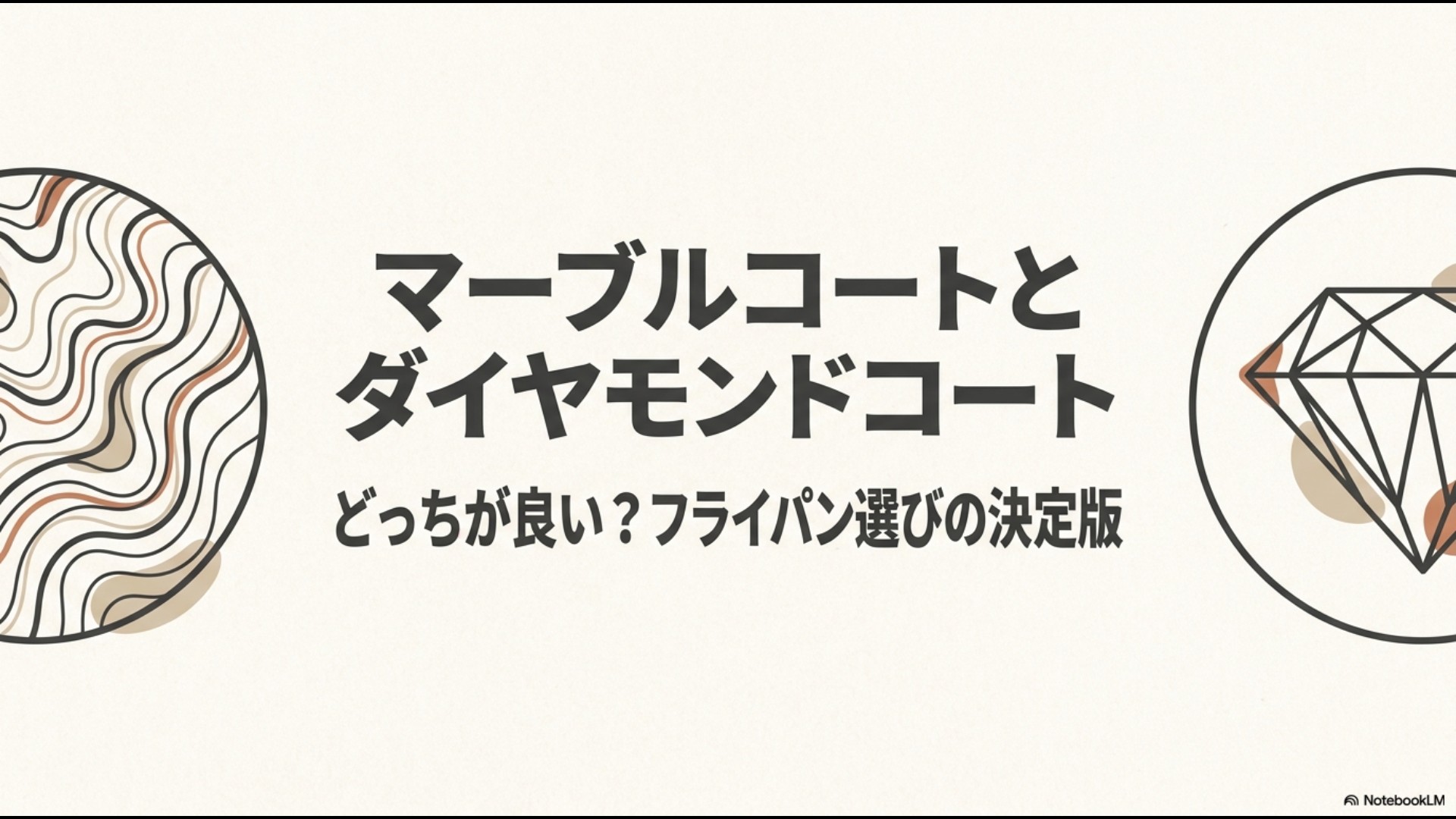 「マーブルコートとダイヤモンドコートどっちが良い?フライパン選びの決定版」と書かれた、ダイヤモンドのイラスト入りスライド。