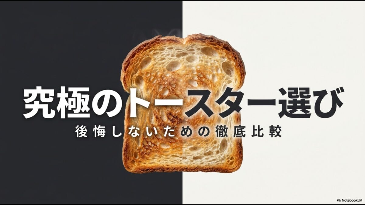 「究極のトースター選び 後悔しないための徹底比較 全自動の完璧か。至高の食感か。ツインバード 匠ブランジェトースター vs バルミューダ」と書かれた、本記事のテーマを示す表紙スライド。