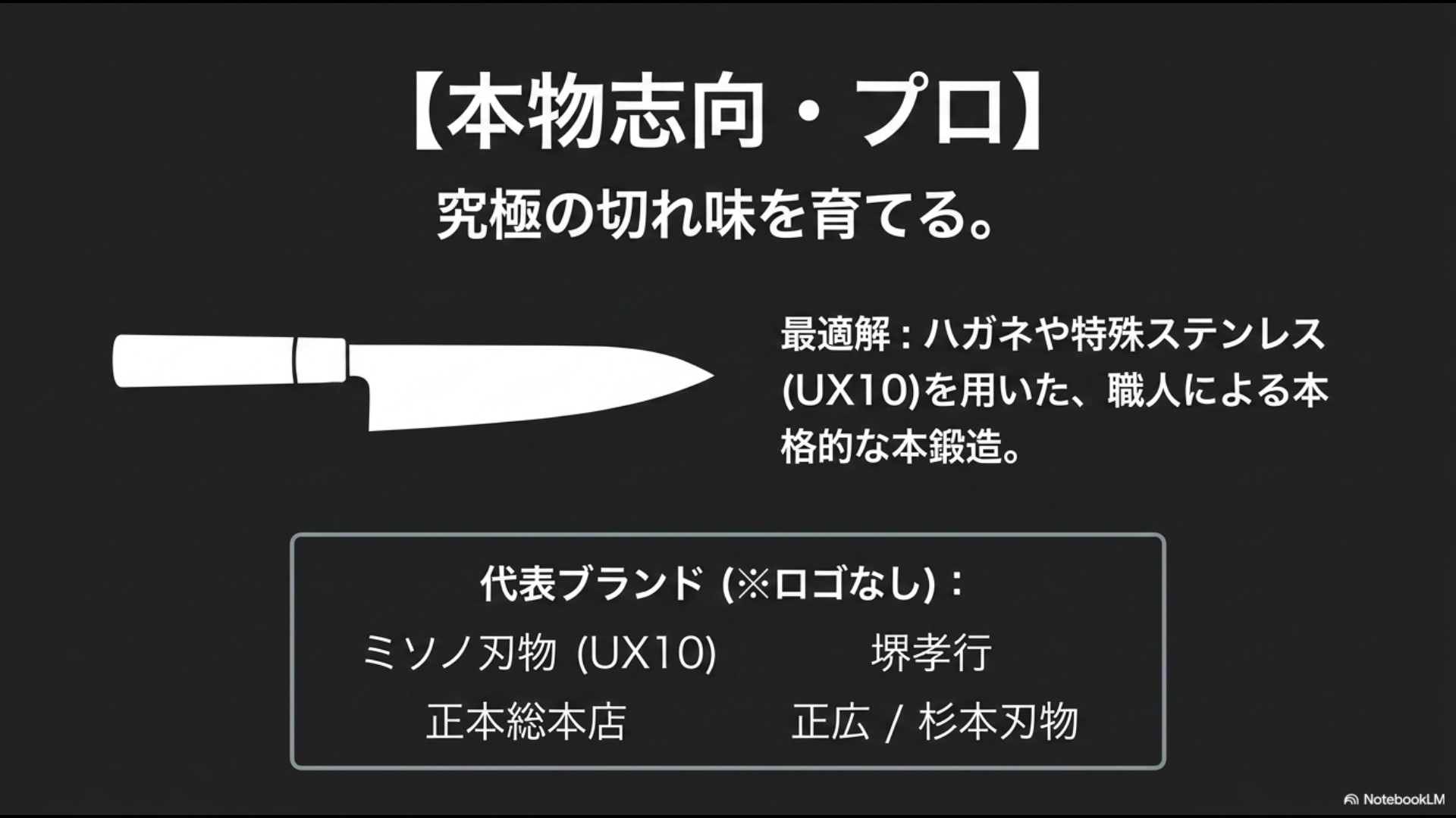 ハガネや特殊ステンレスを使用したプロ向け本鍛造包丁と代表メーカーをまとめた解説スライド