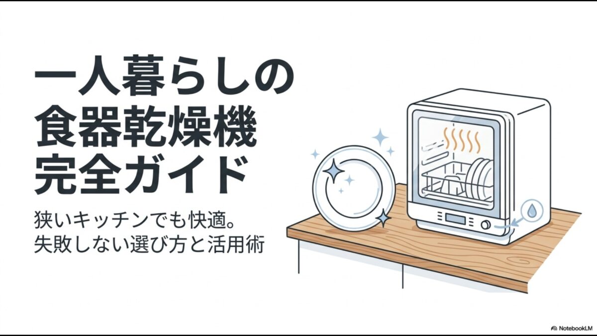 キッチンカウンターに置かれた食器乾燥機と、ピカピカに乾いたお皿のイラスト。「一人暮らしの食器乾燥機完全ガイド 狭いキッチンでも快適。失敗しない選び方と活用術」という文字が書かれたまとめスライド。