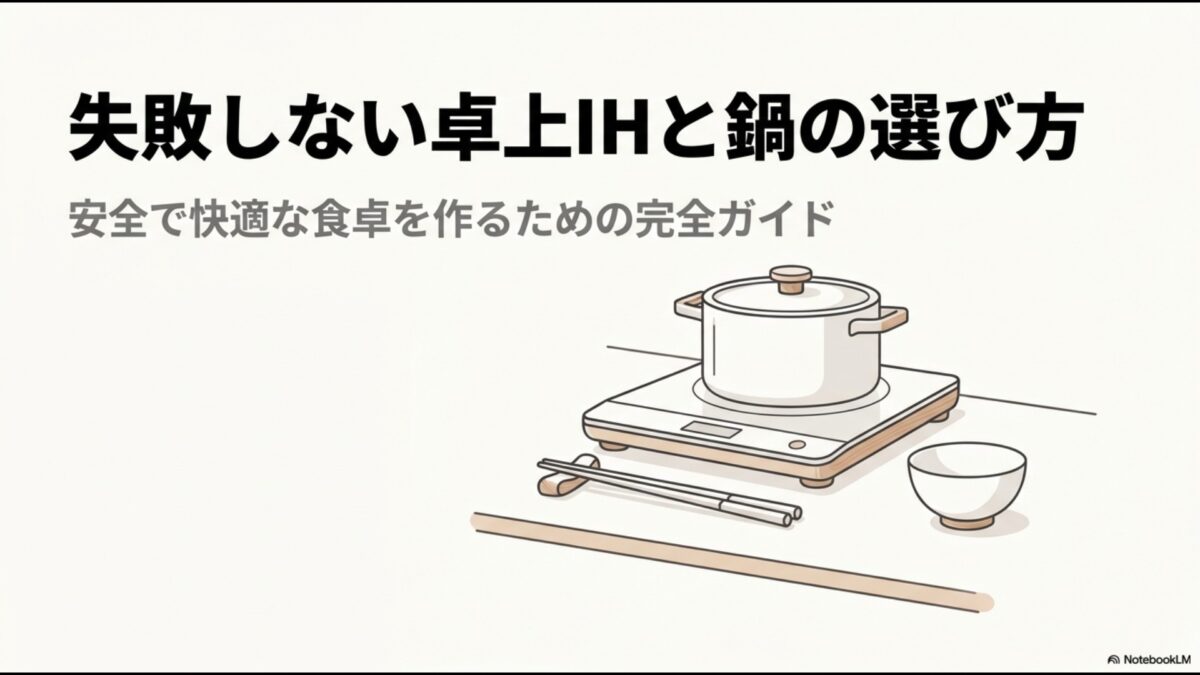 卓上IHクッキングヒーターの上に白い両手鍋が載っており、手前にお箸とお椀が並んでいるシンプルなイラスト。