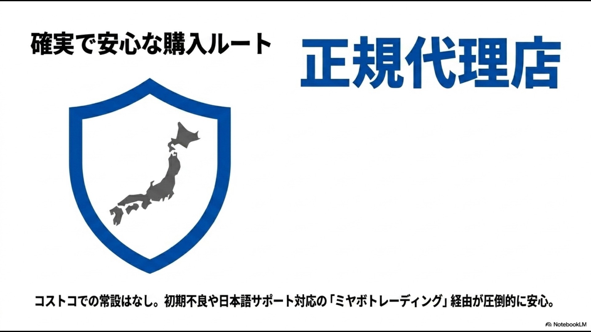 コストコ常設はなく、初期不良や日本語サポート対応がある正規代理店ミヤボトレーディングからの購入を推奨するスライド