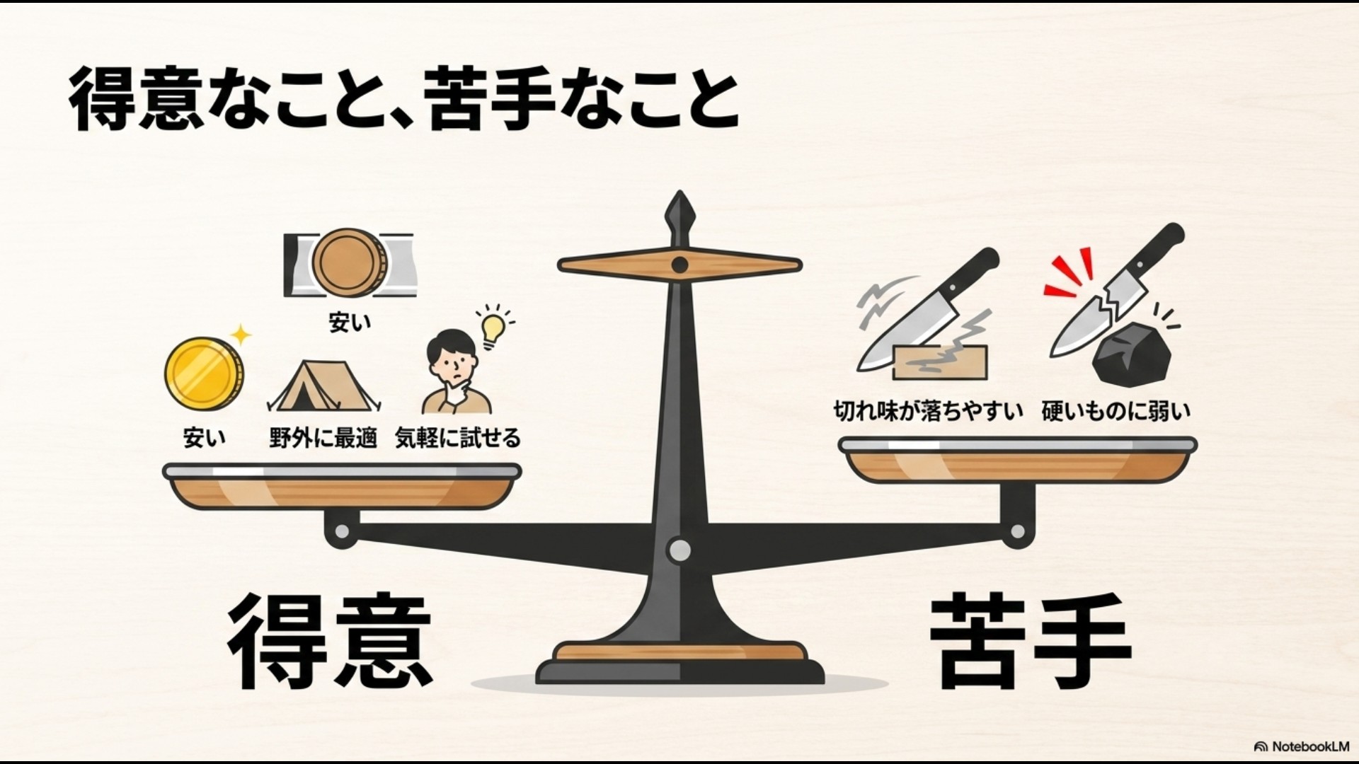 100均包丁の得意なこと(安い・野外に最適・気軽に試せる)と苦手なこと(切れ味が落ちやすい・硬いものに弱い)を天秤で表現したスライド
