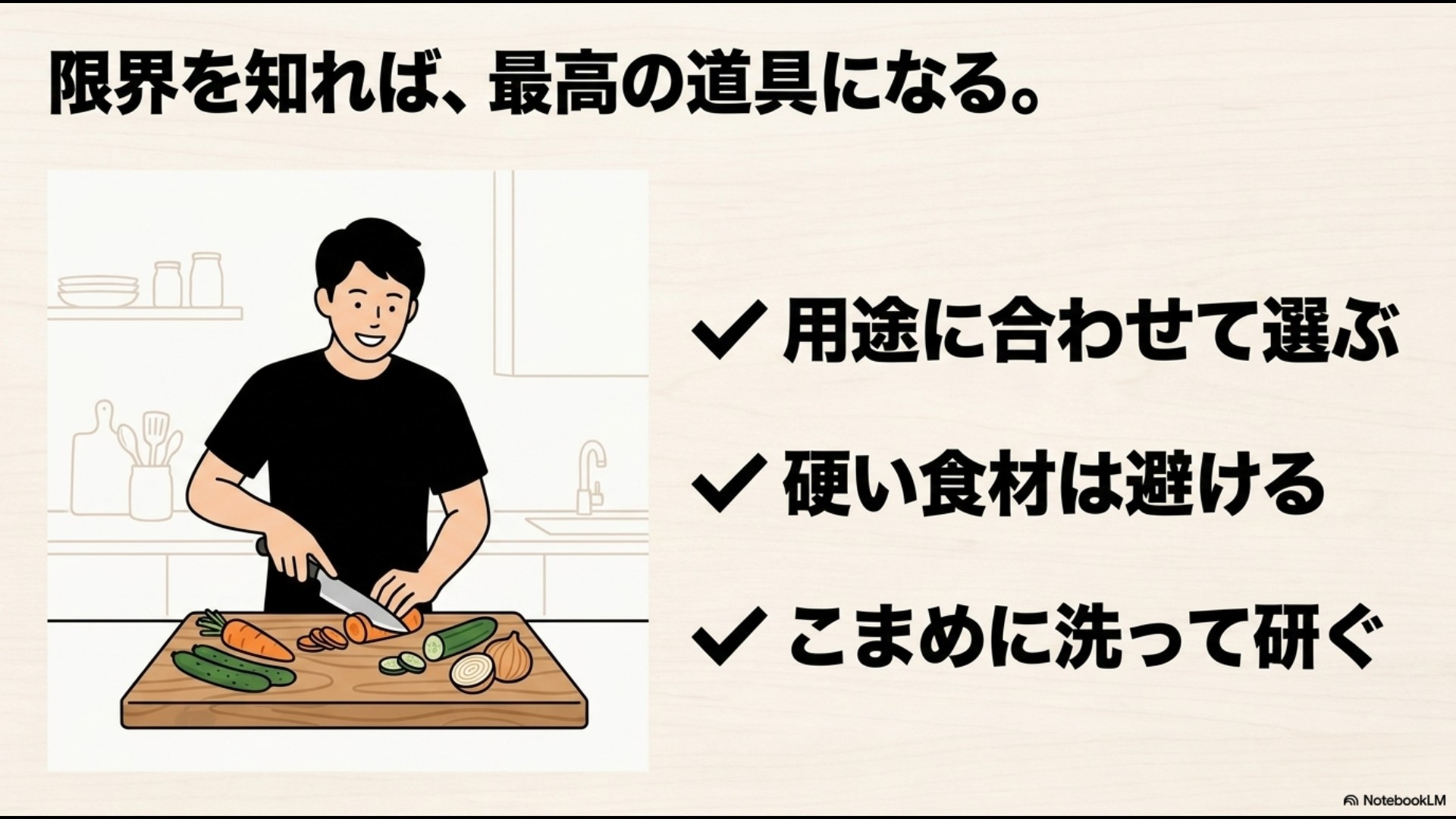 用途に合わせて選ぶ・硬い食材は避ける・こまめに洗って研ぐ、といった100均包丁を活用するためのまとめスライド