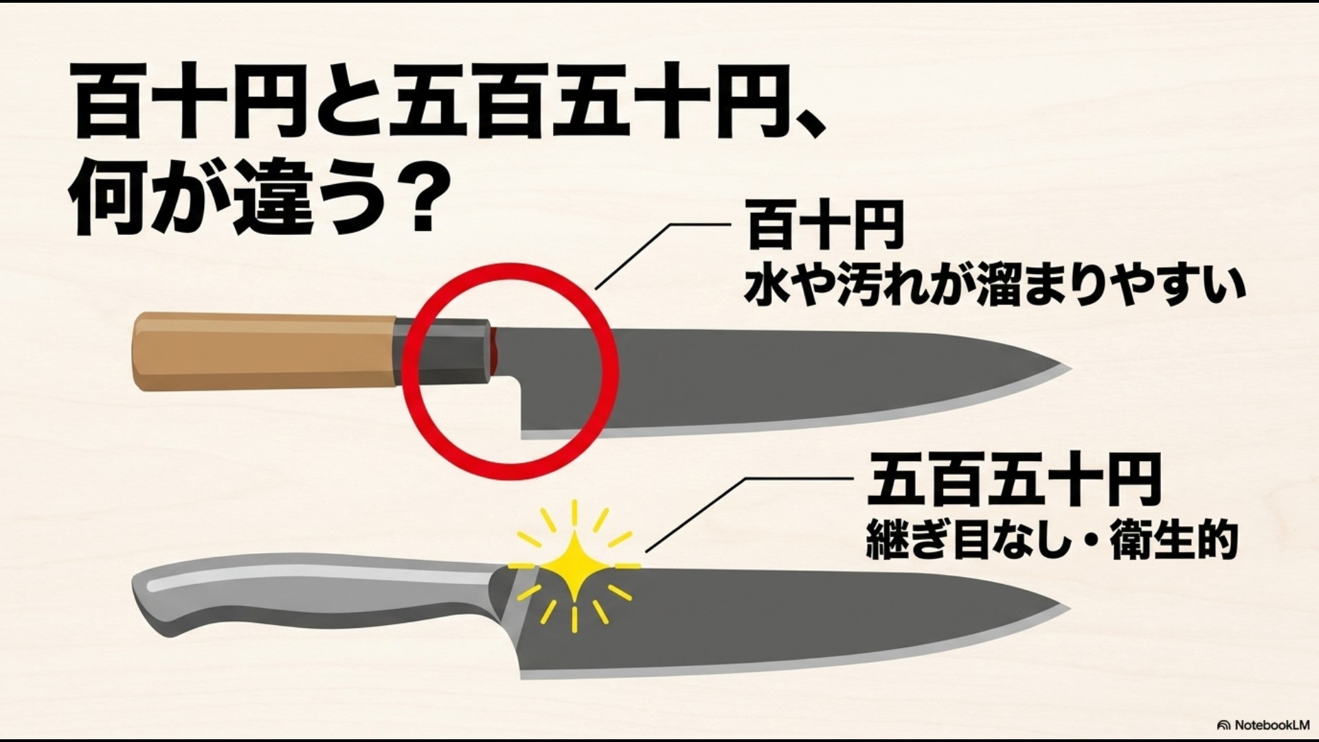 110円包丁(水や汚れが溜まりやすい構造)と550円包丁(継ぎ目なし・衛生的)の違いを解説したスライド