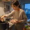 夕方のキッチンで冷凍唐揚げを準備する日本人女性