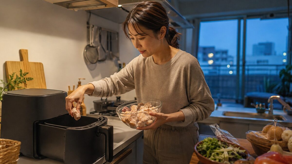 夕方のキッチンで冷凍唐揚げを準備する日本人女性