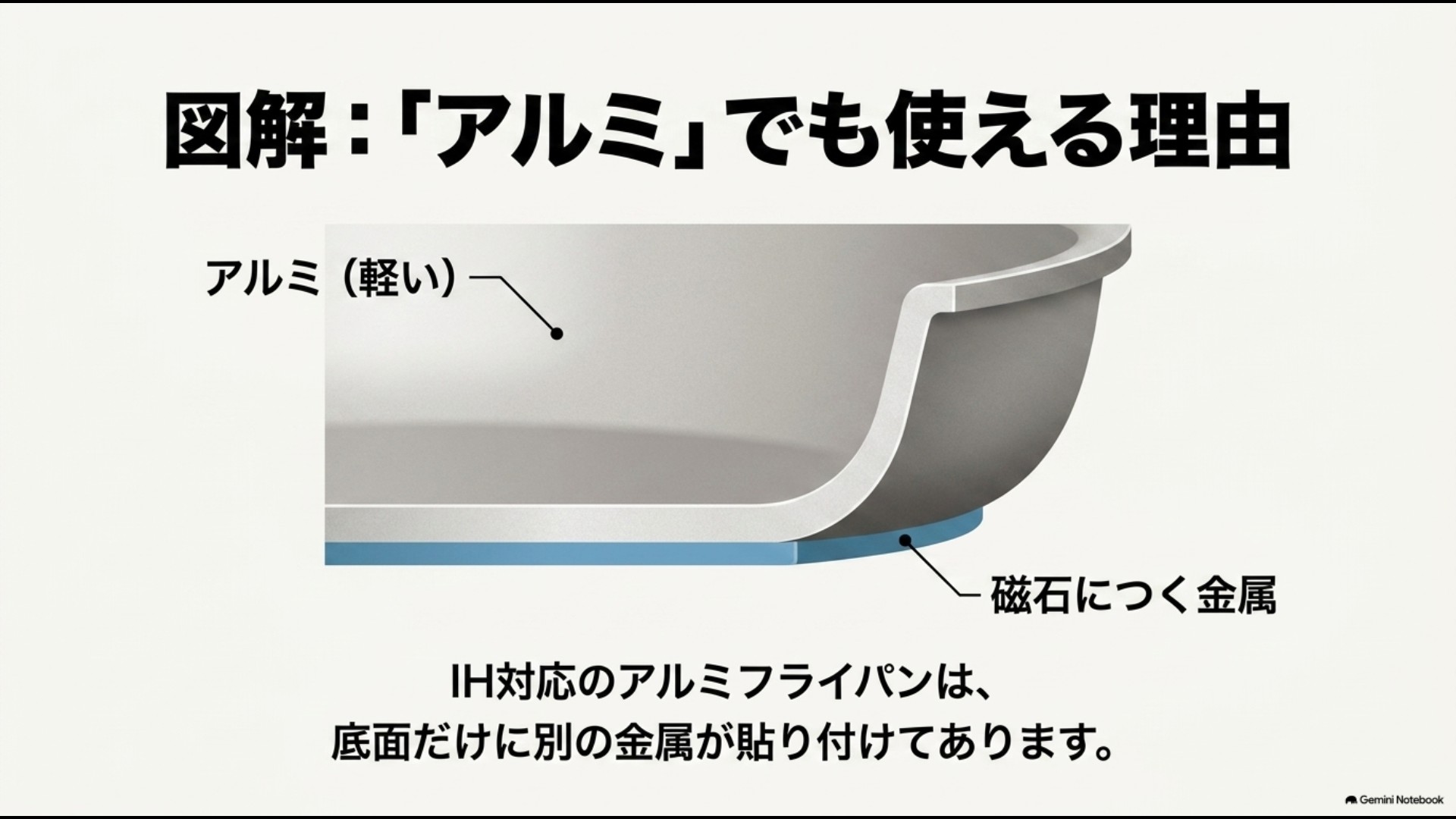 軽いアルミフライパンの底面に磁石につく金属を貼り付けてIH対応にしている構造の図解