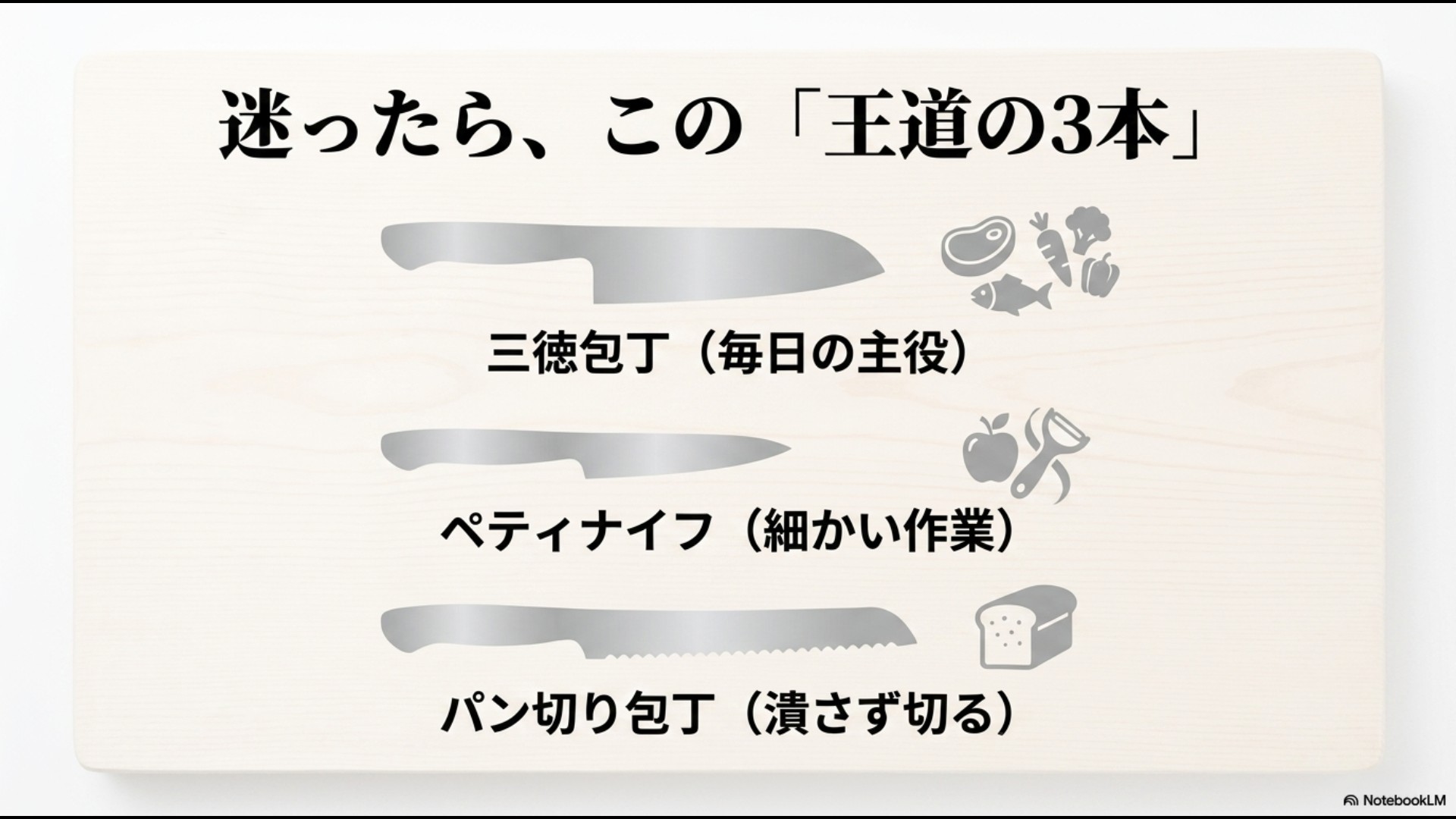 三徳包丁・ペティナイフ・パン切り包丁の基本3本構成を示すイラストスライド