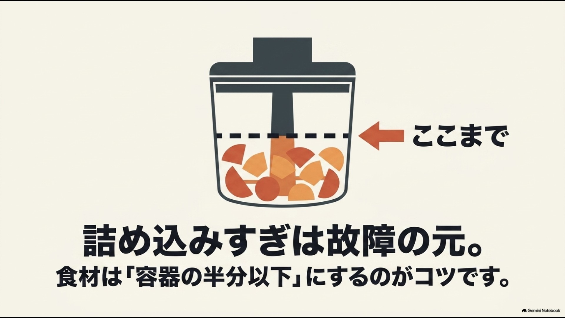 ぶんぶんチョッパーは食材を詰め込みすぎず容器の半分以下を目安にすると使いやすい