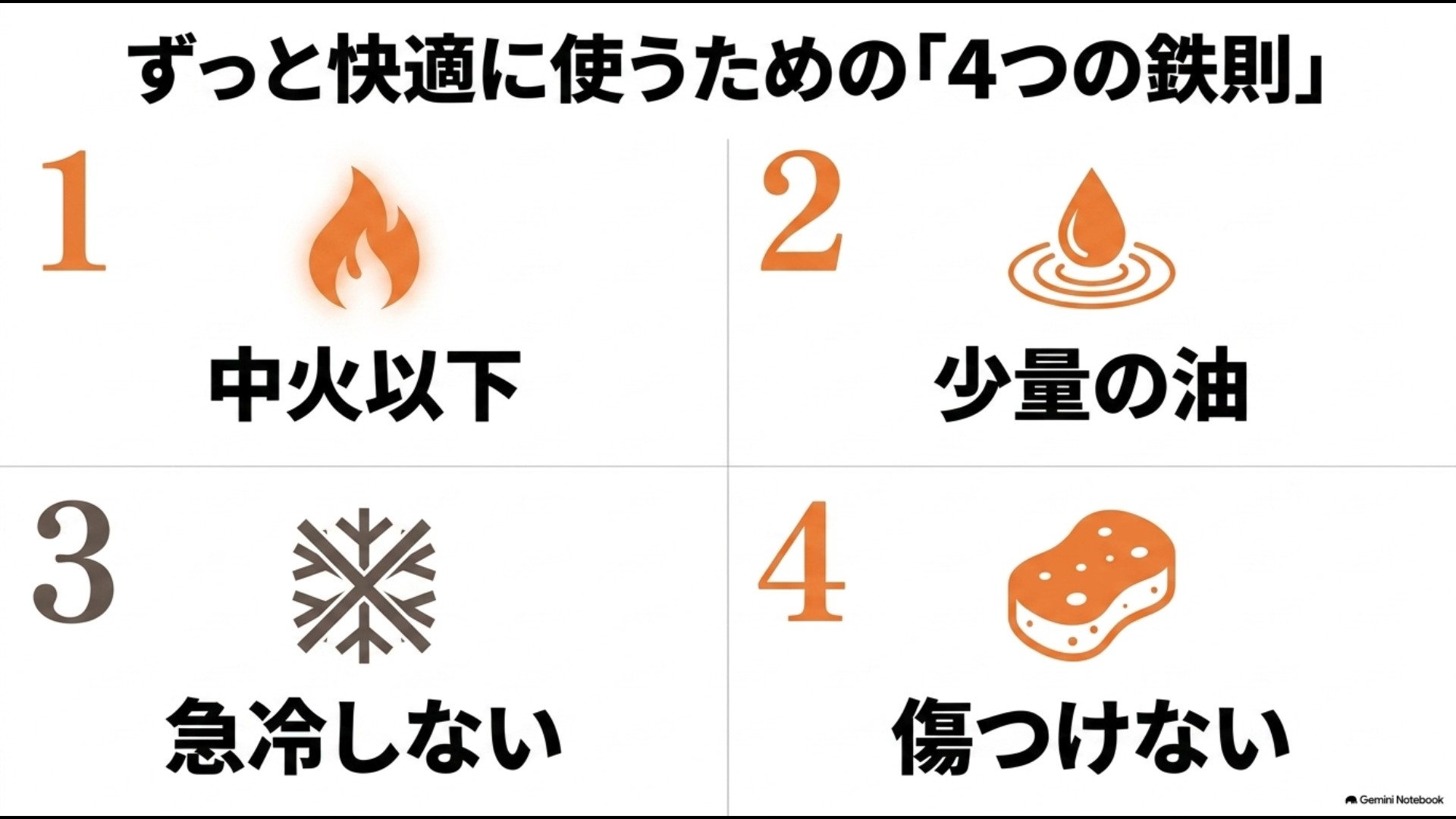 セラミックフライパンを長持ちさせる中火以下・少量の油・急冷しない・傷つけないの4つのポイント