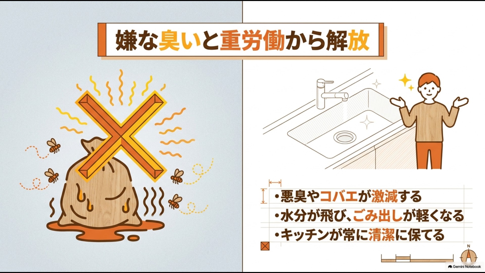生ごみ処理機による悪臭・コバエの激減とごみ出しの負担軽減・キッチンの清潔維持