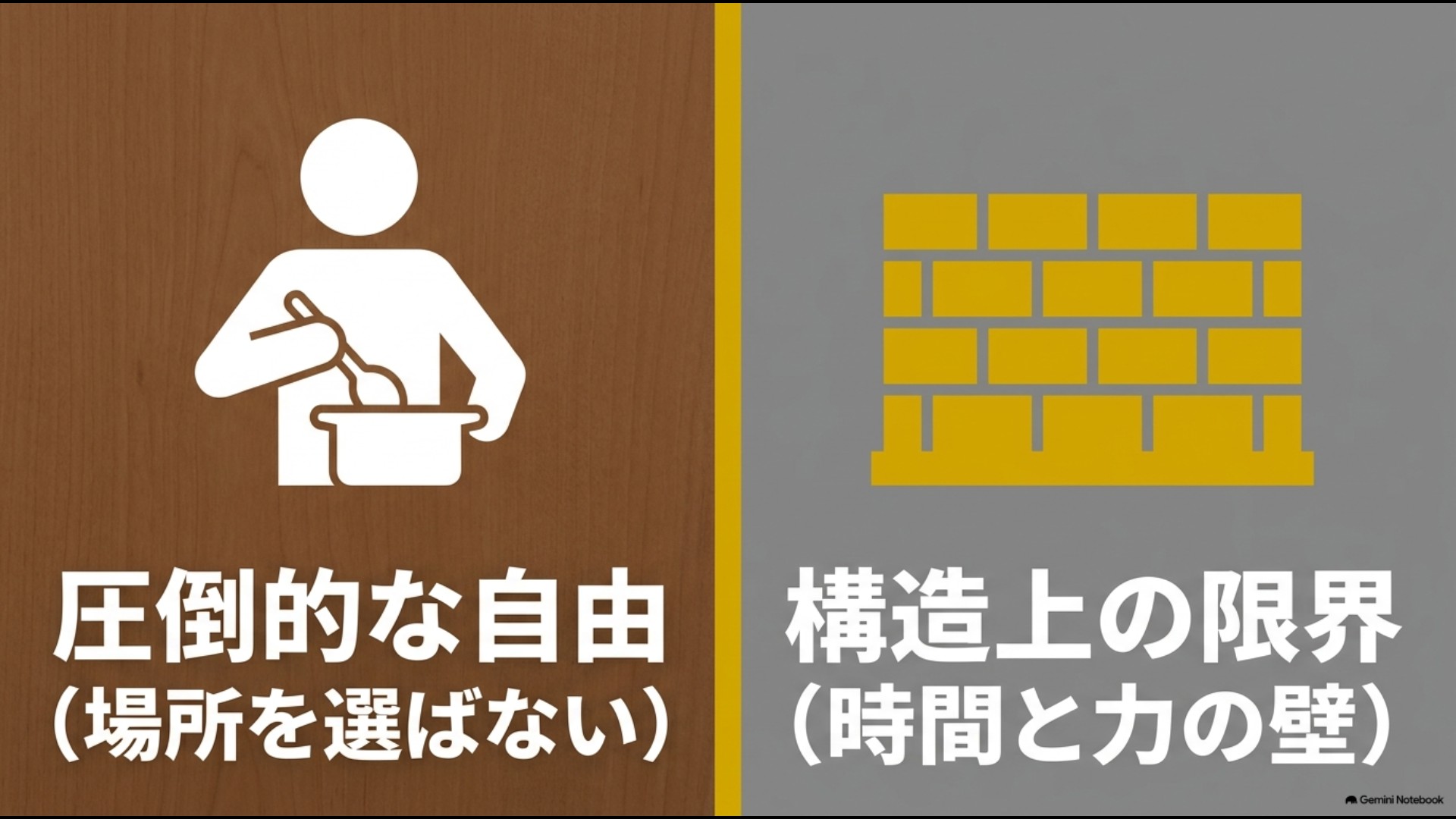 場所を選ばない圧倒的な自由さと時間・力の限界を表すイラスト