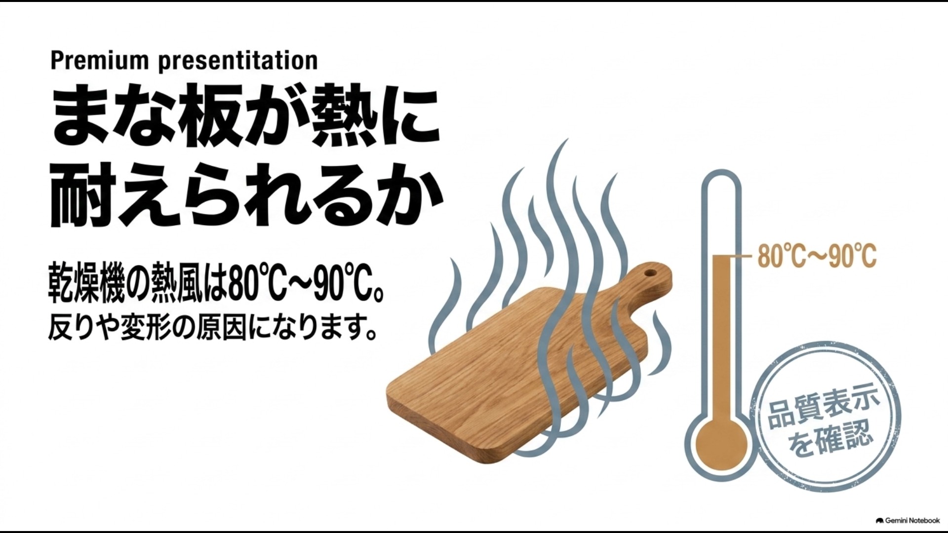 80℃から90℃の熱風による変形を防ぐため品質表示の耐熱温度を確認するイラスト