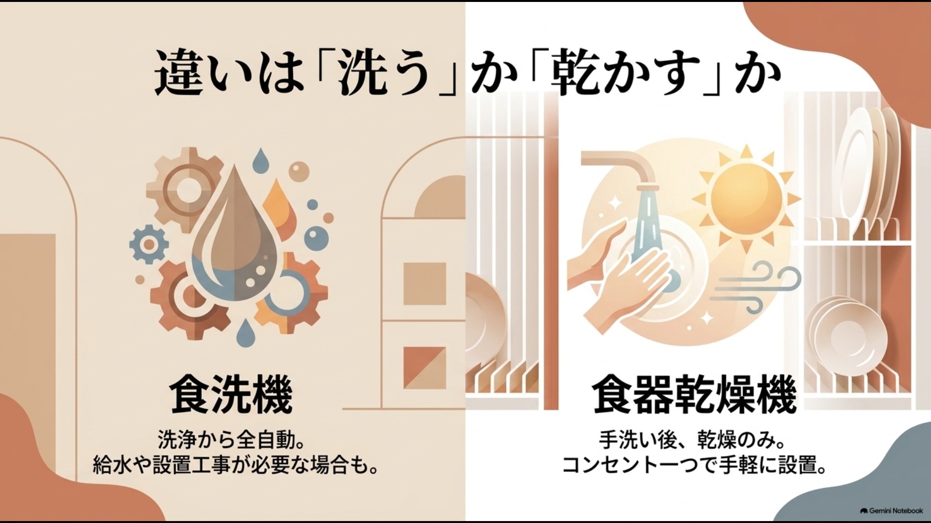 食器乾燥機と食洗機の機能・設置・価格の違いを比較した一覧スライド