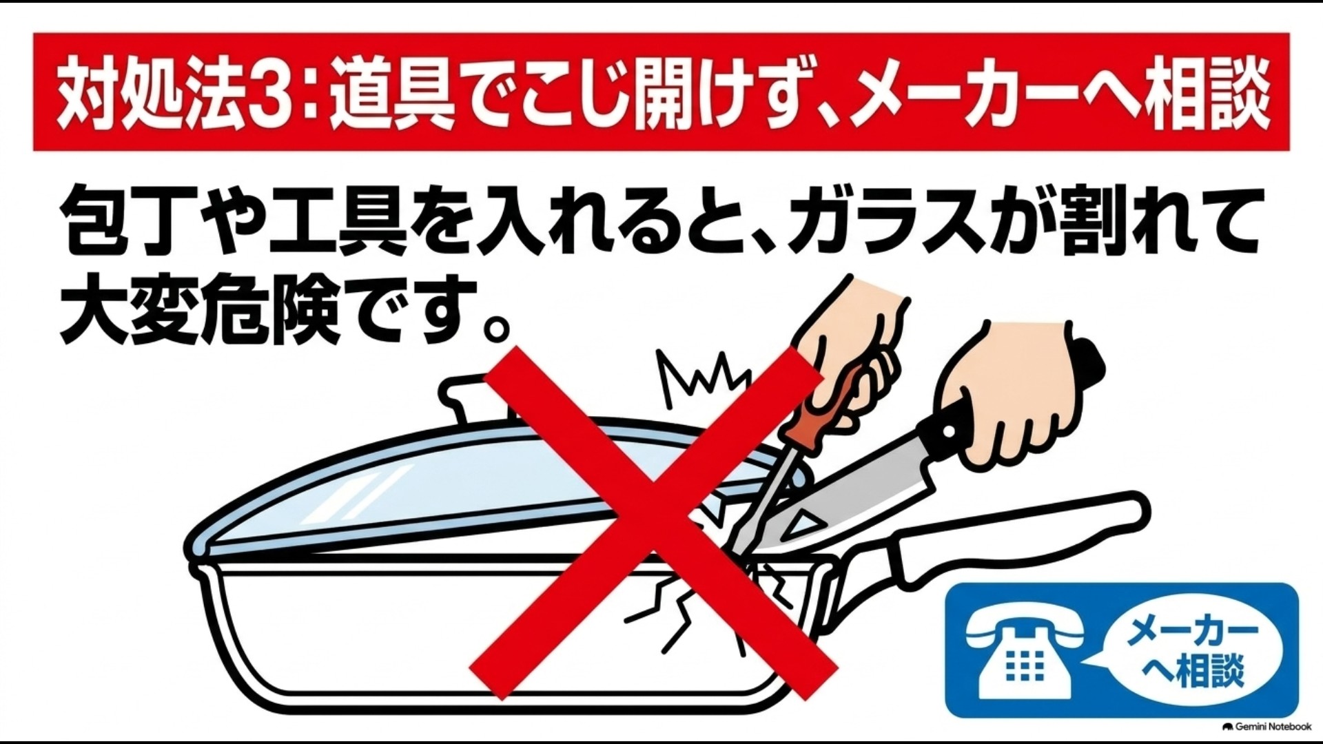 包丁や工具の使用禁止マークと、無理せずメーカーへ相談することを促すアイコン図