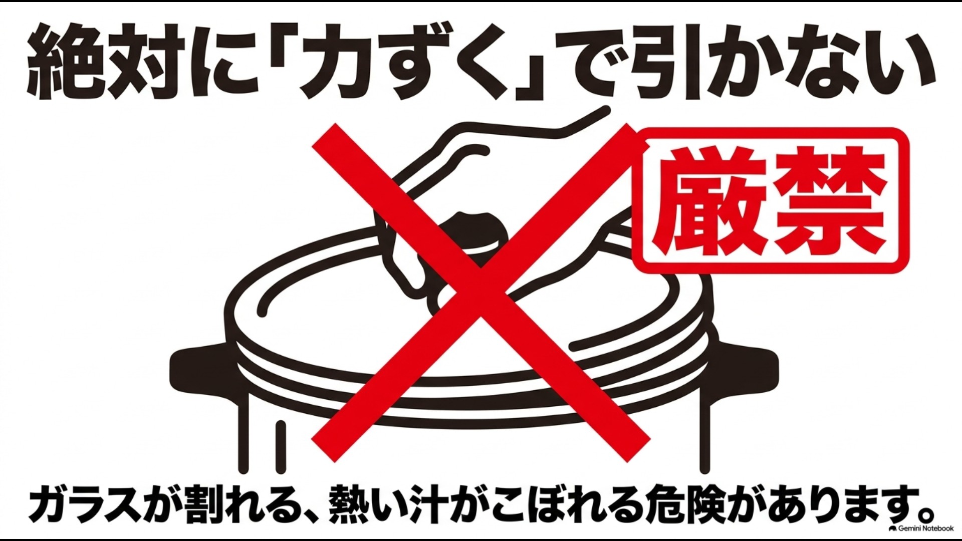 フライパンの蓋を力任せに引っ張る手に赤い大きなバツ印がつけられた注意喚起イラスト