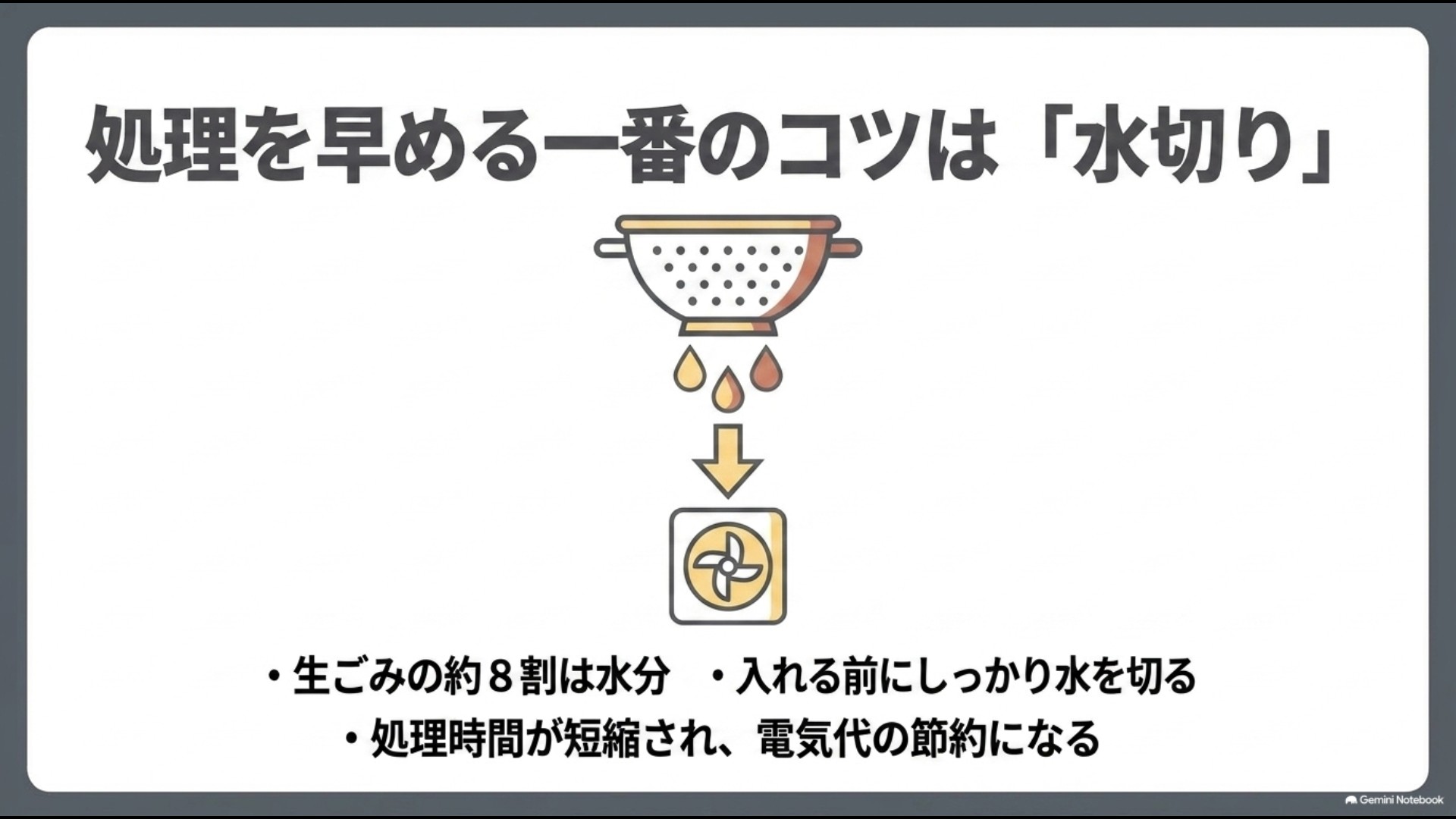 処理を早める一番のコツは水切り 生ごみの約8割の水分を切ることで処理時間短縮と電気代節約