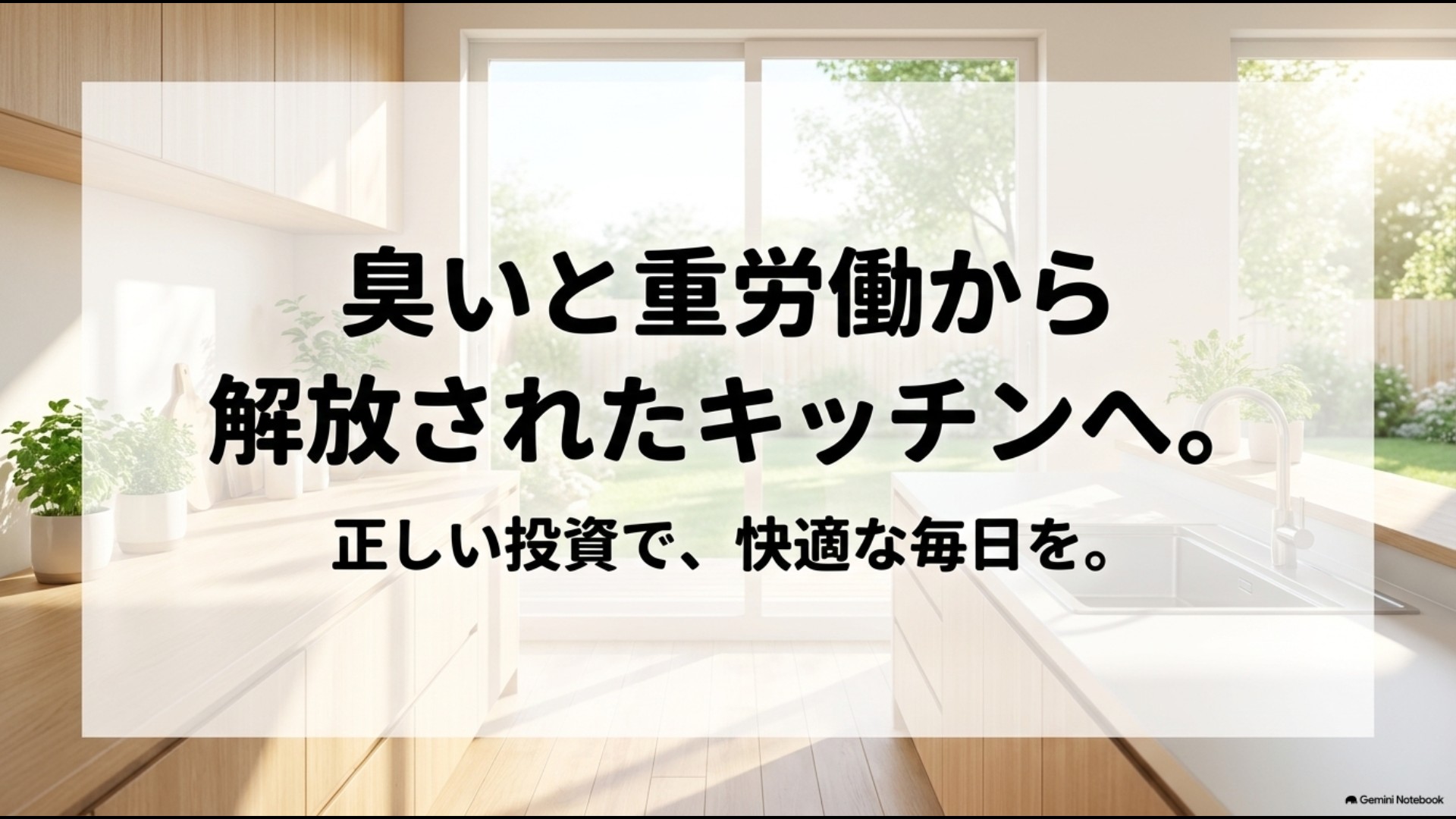 臭いと重労働から解放され快適なキッチンライフを実現するメッセージスライド