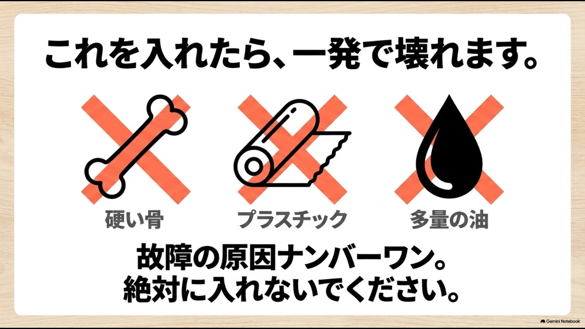 硬い骨・プラスチック・多量の油など生ごみ処理機に入れてはいけない禁止物一覧のスライド