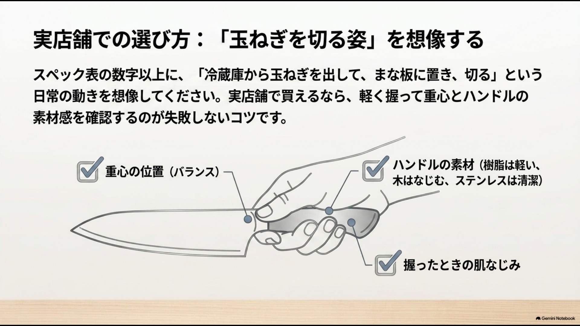 実店舗で包丁を選ぶ際に重心のバランスやハンドルの素材、握り心地を確かめるチェックポイントの図