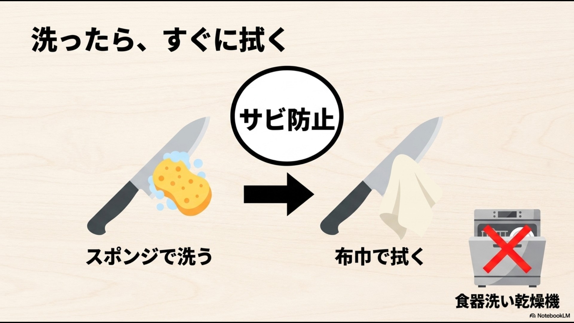 洗ったらすぐに布巾で拭くことや、食器洗い乾燥機(食洗機)は避けるべきことを示したイラストスライド