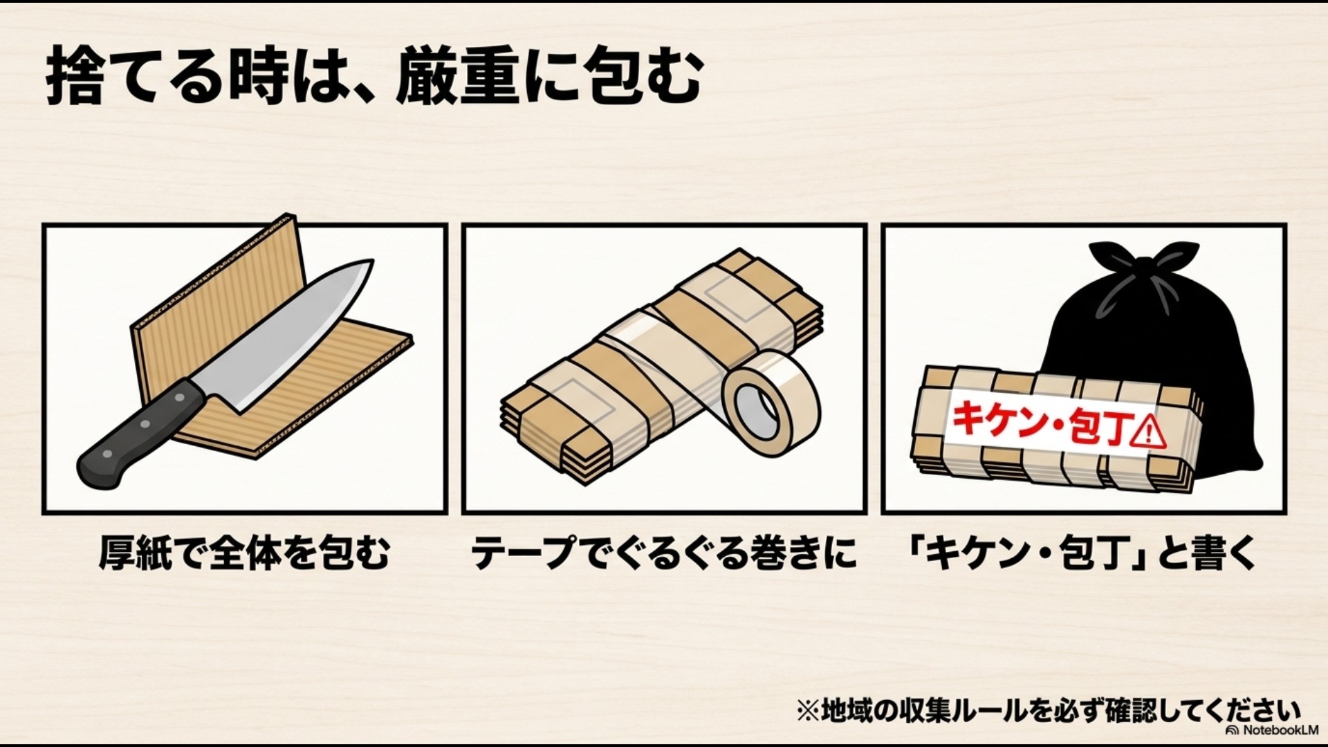 厚紙で全体を包み、テープでぐるぐる巻きにして「キケン・包丁」と明記して捨てる手順を示したスライド