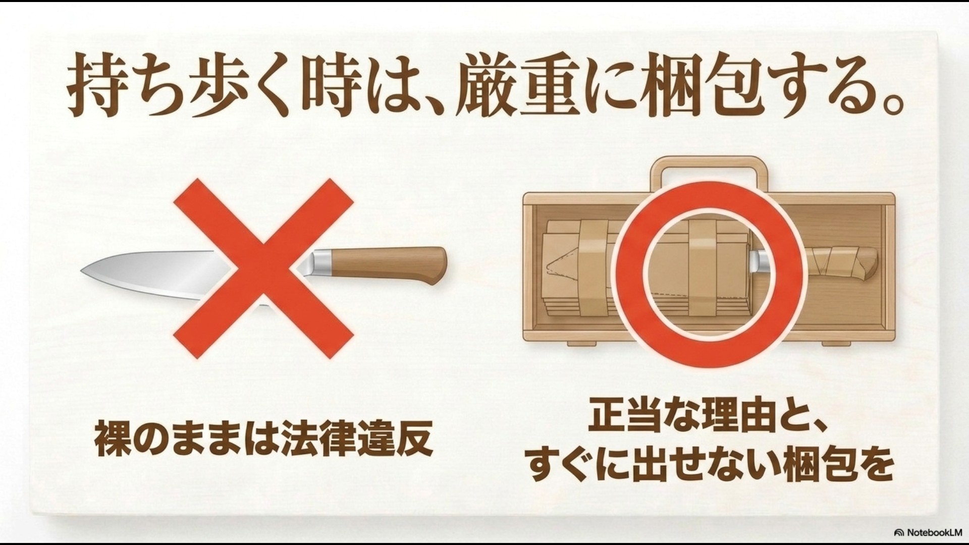 包丁を持ち歩く際の裸での所持（NG）と厳重な梱包状態（OK）を示す比較スライド