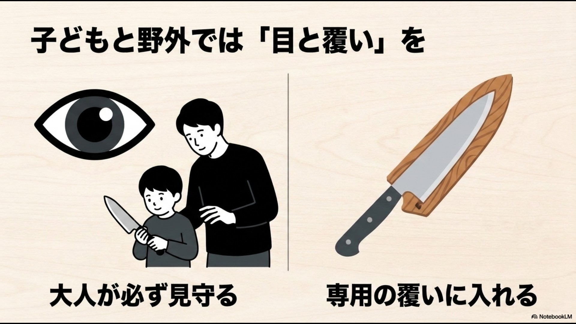 大人が必ず見守ることや、持ち出し時は専用の鞘(カバー)で覆う重要性を解説したイラストスライド