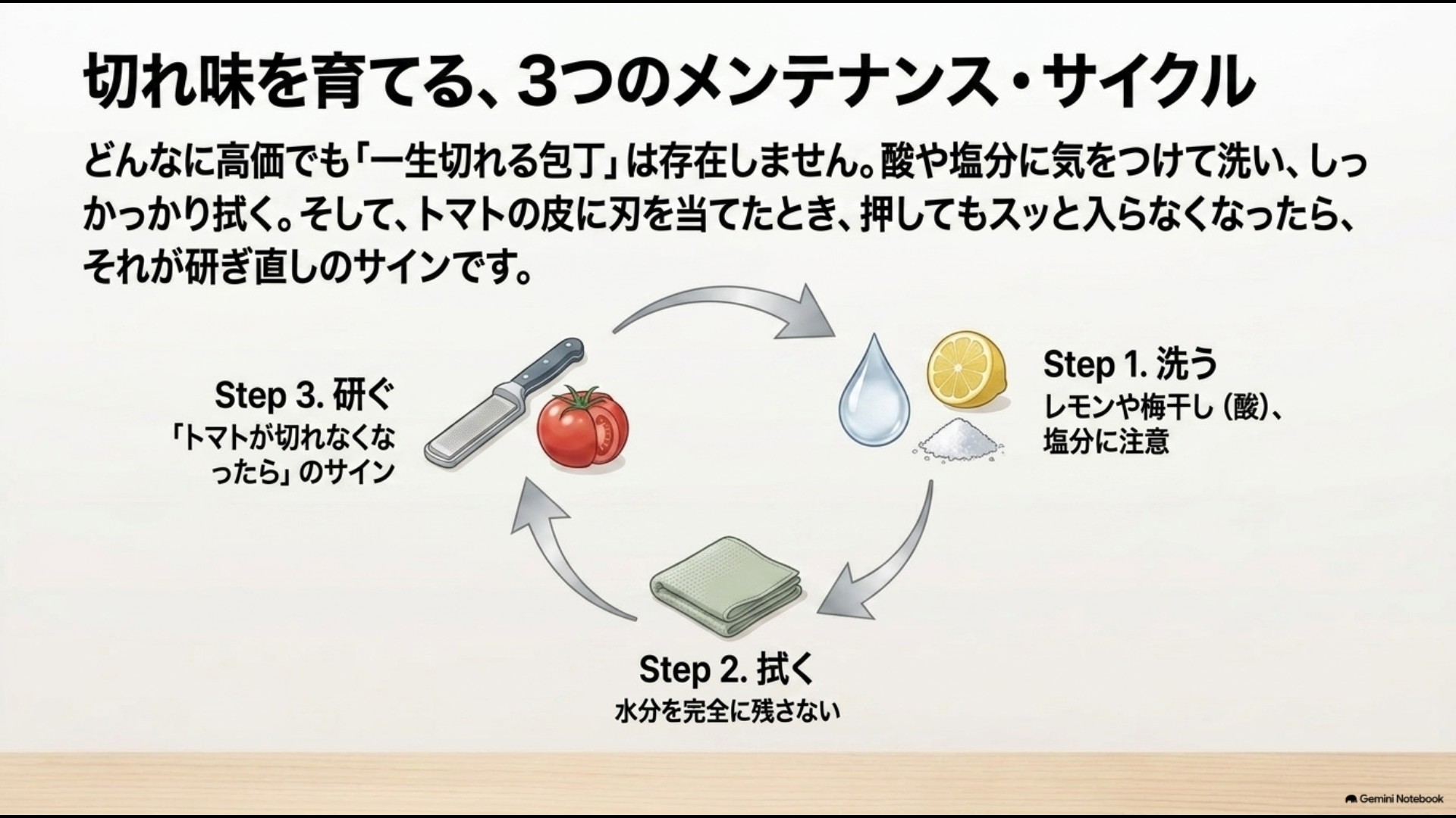 酸や塩分を洗い流し、水分を拭き取り、トマトが切れなくなったら研ぐという包丁の3つのメンテナンスサイクル図