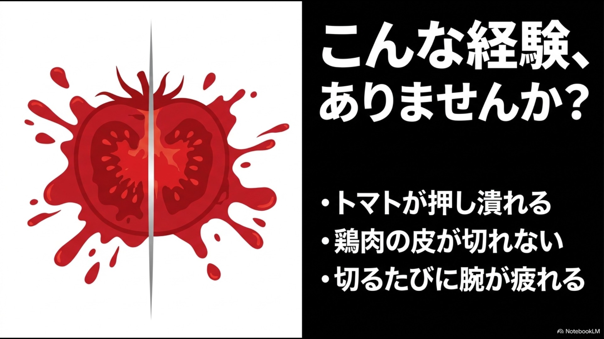 トマトの押し潰れや鶏肉の皮が切れないといった料理の悩みを表すスライド