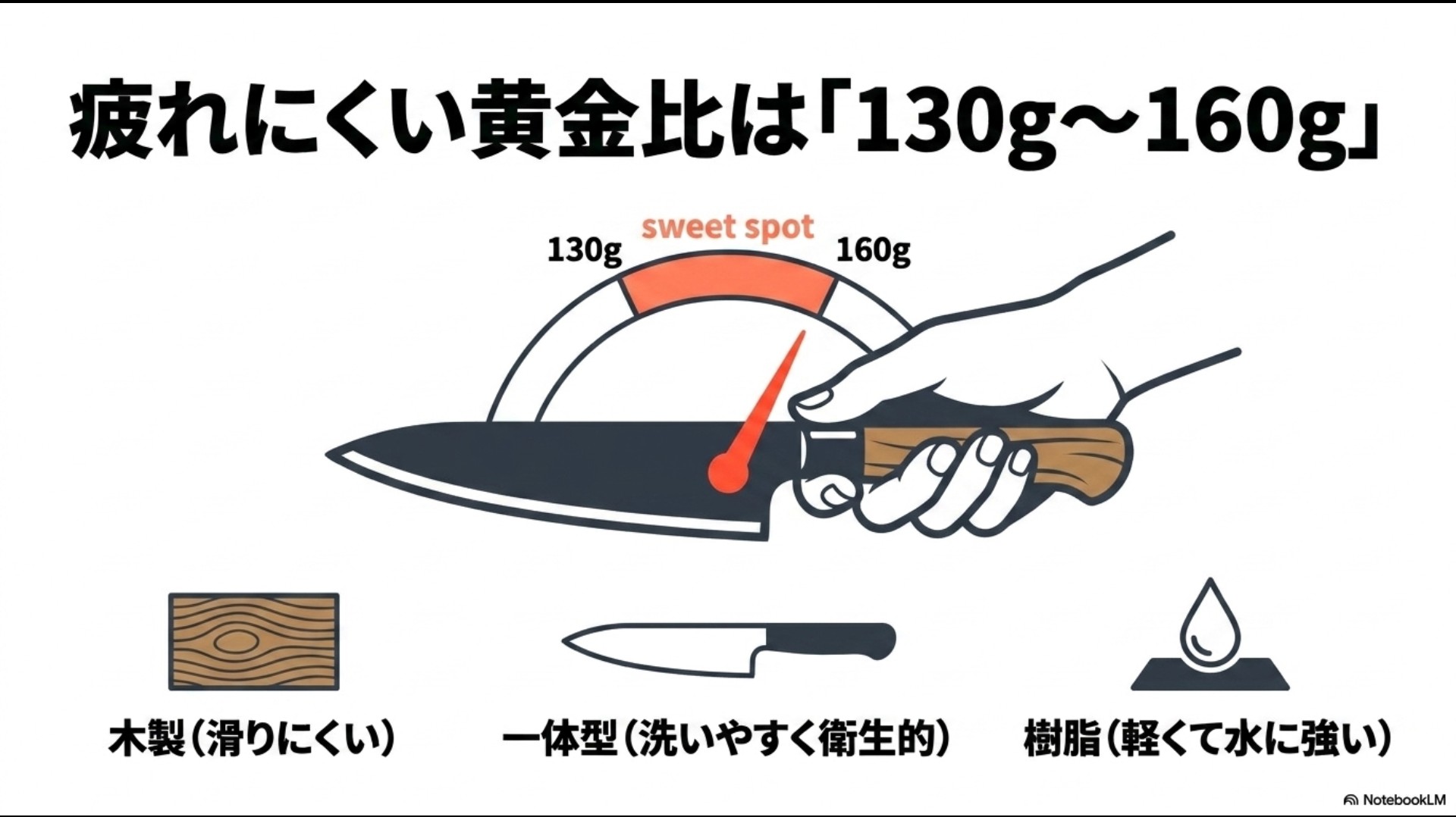 疲れにくい包丁の黄金比（130g〜160g）とハンドルの種類