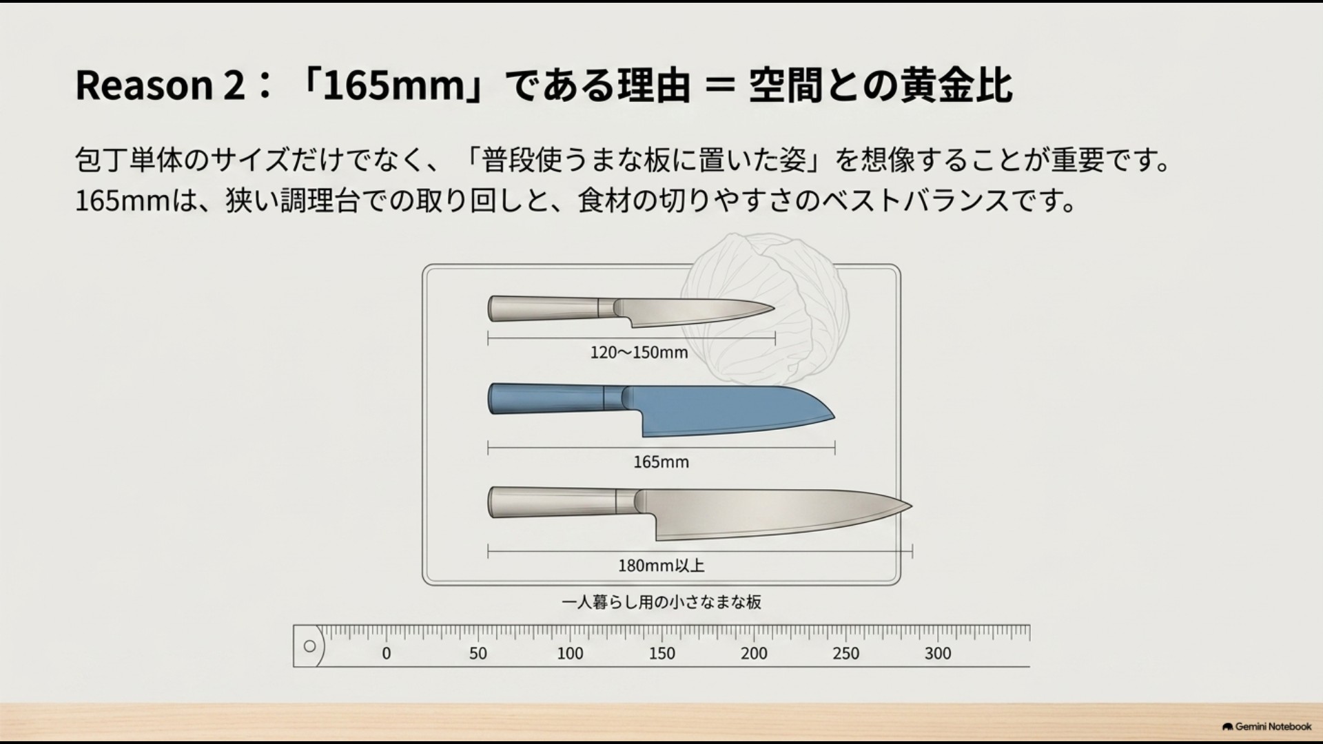 一人暮らし用のまな板の上で120〜150mm、165mm、180mm以上の包丁のサイズ感を比較した図