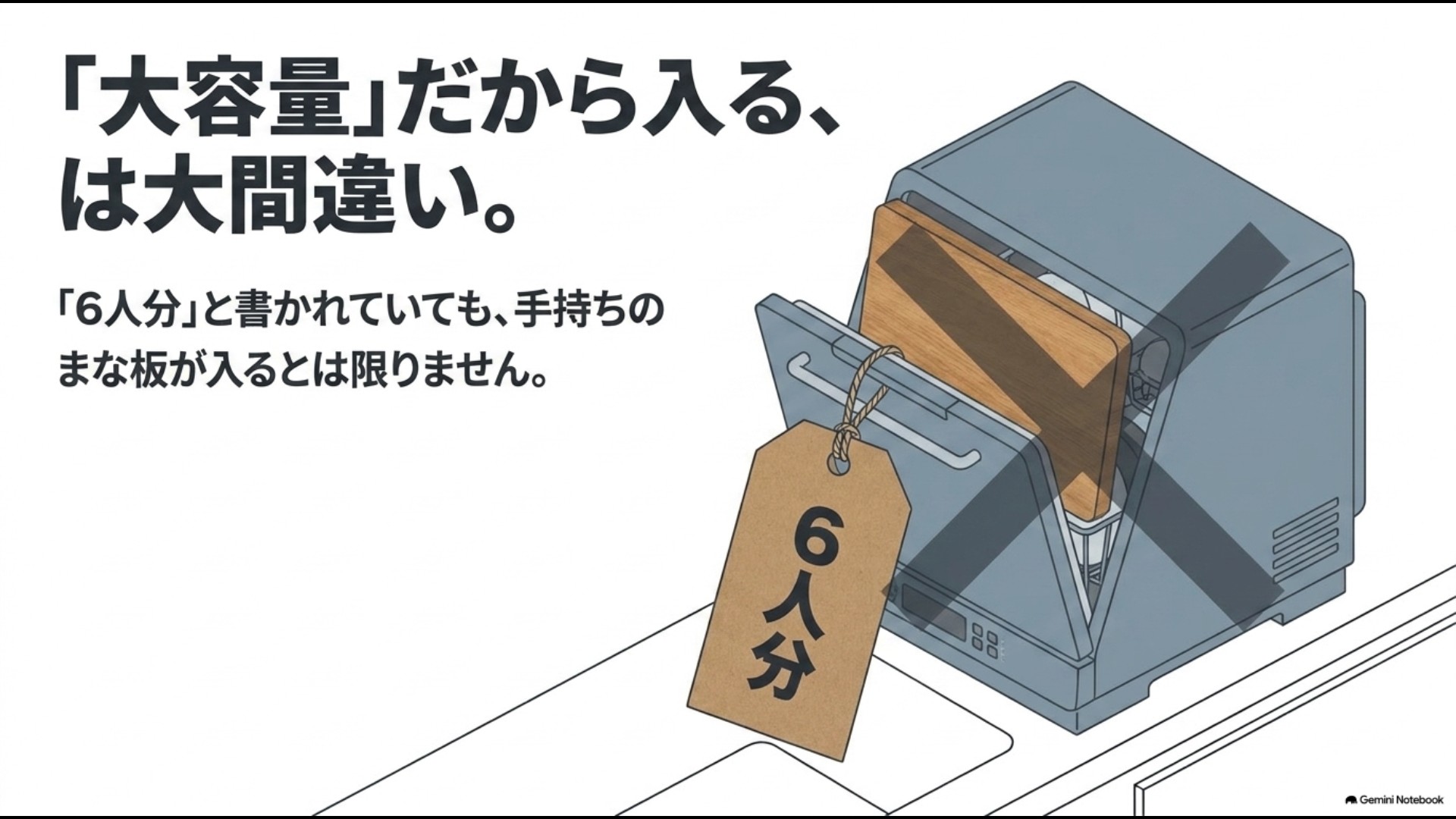 6人分の大容量食器乾燥機でも手持ちのまな板が入るとは限らないことを示す図解