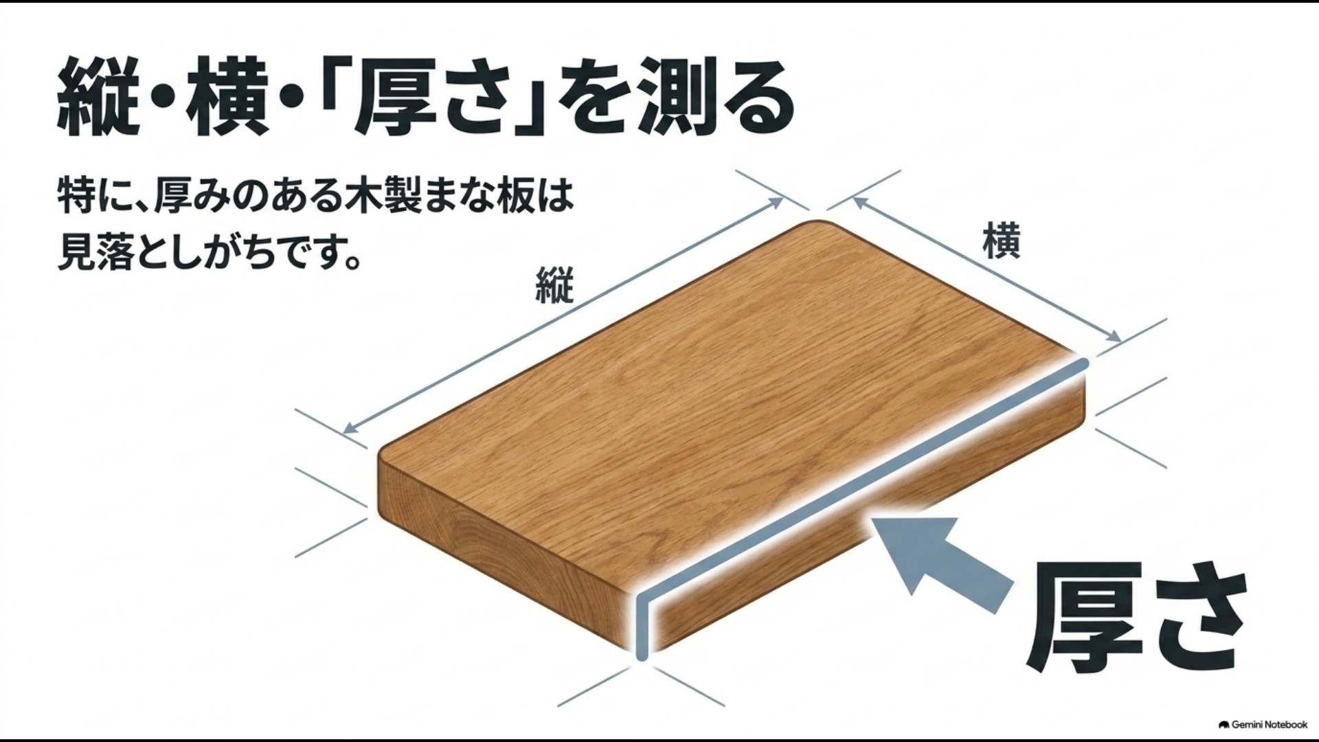 木製まな板の縦・横に加えて見落としがちな厚みを測るポイントを示した図