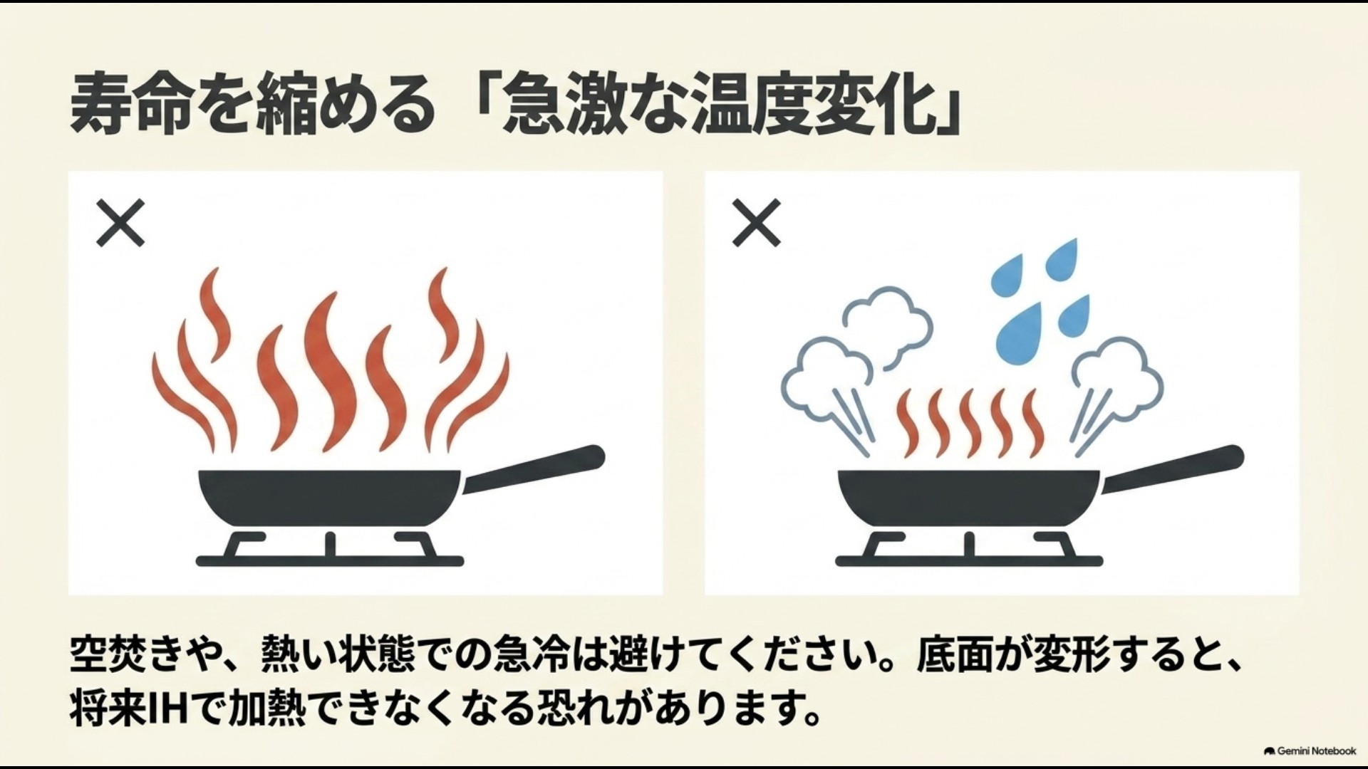 空焚きや加熱直後の急冷による底面の変形を防ぐ注意ポイント