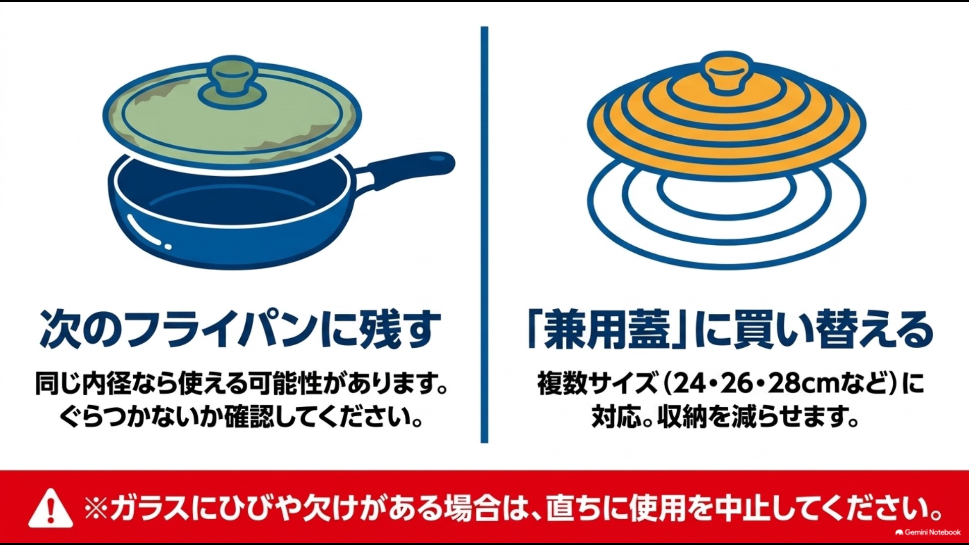 蓋を捨てずに次のフライパンへ残す選択肢と複数サイズ対応の兼用蓋に買い替えるメリット