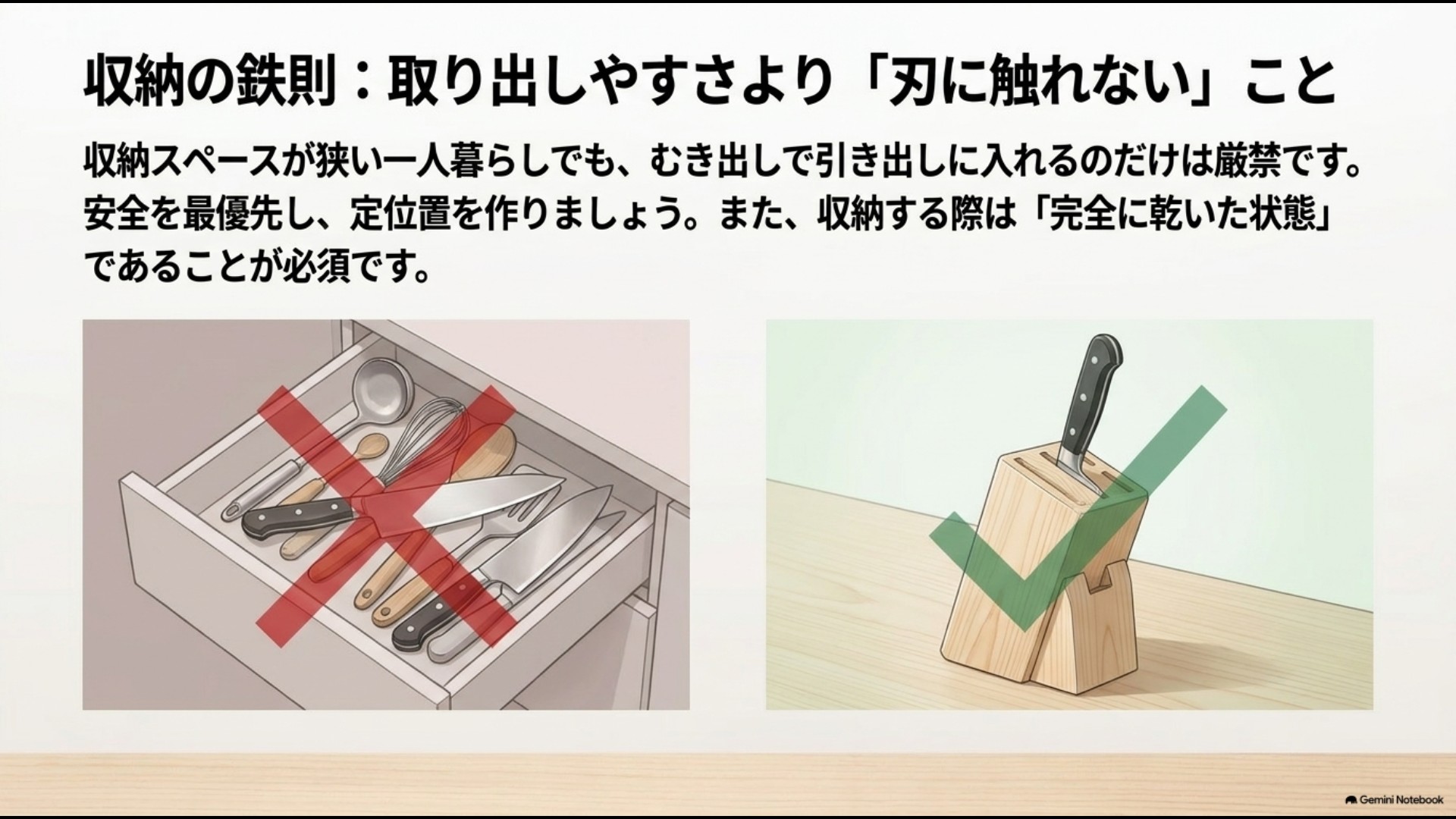 引き出しに包丁をむき出しで入れるNG例と、包丁スタンドに安全に立てて収納するOK例を比較したイラスト