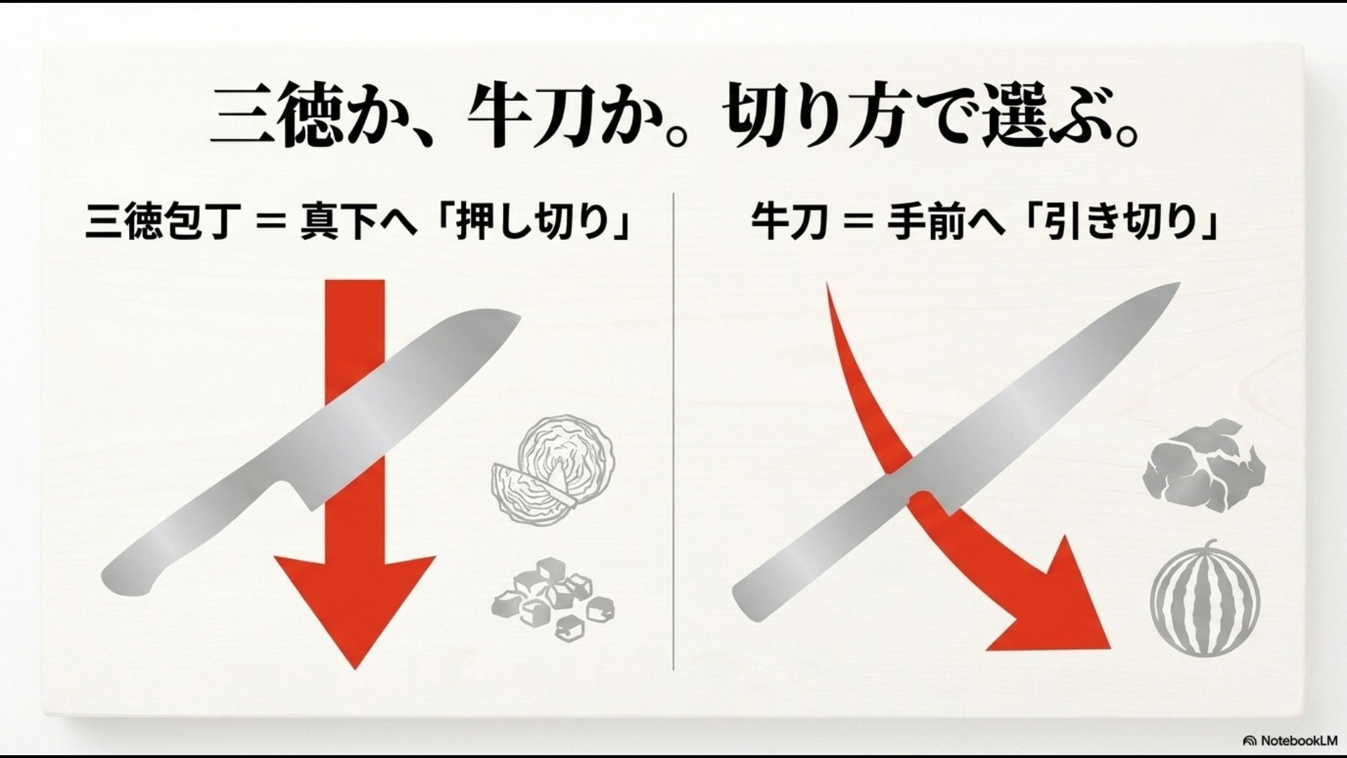 三徳包丁の押し切りと牛刀の引き切りの特徴を比較したスライド